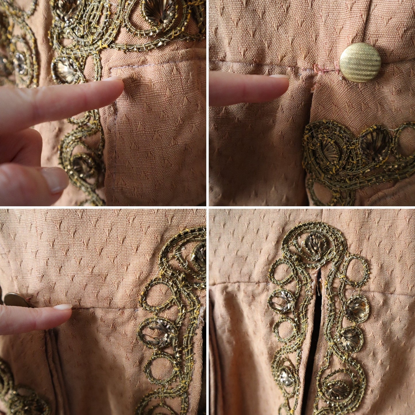 Antique French Theatre Costume Frock Coat Peach Cotton Woven Lave Trim Gold Metal Thread Embellishment 18th Century Style