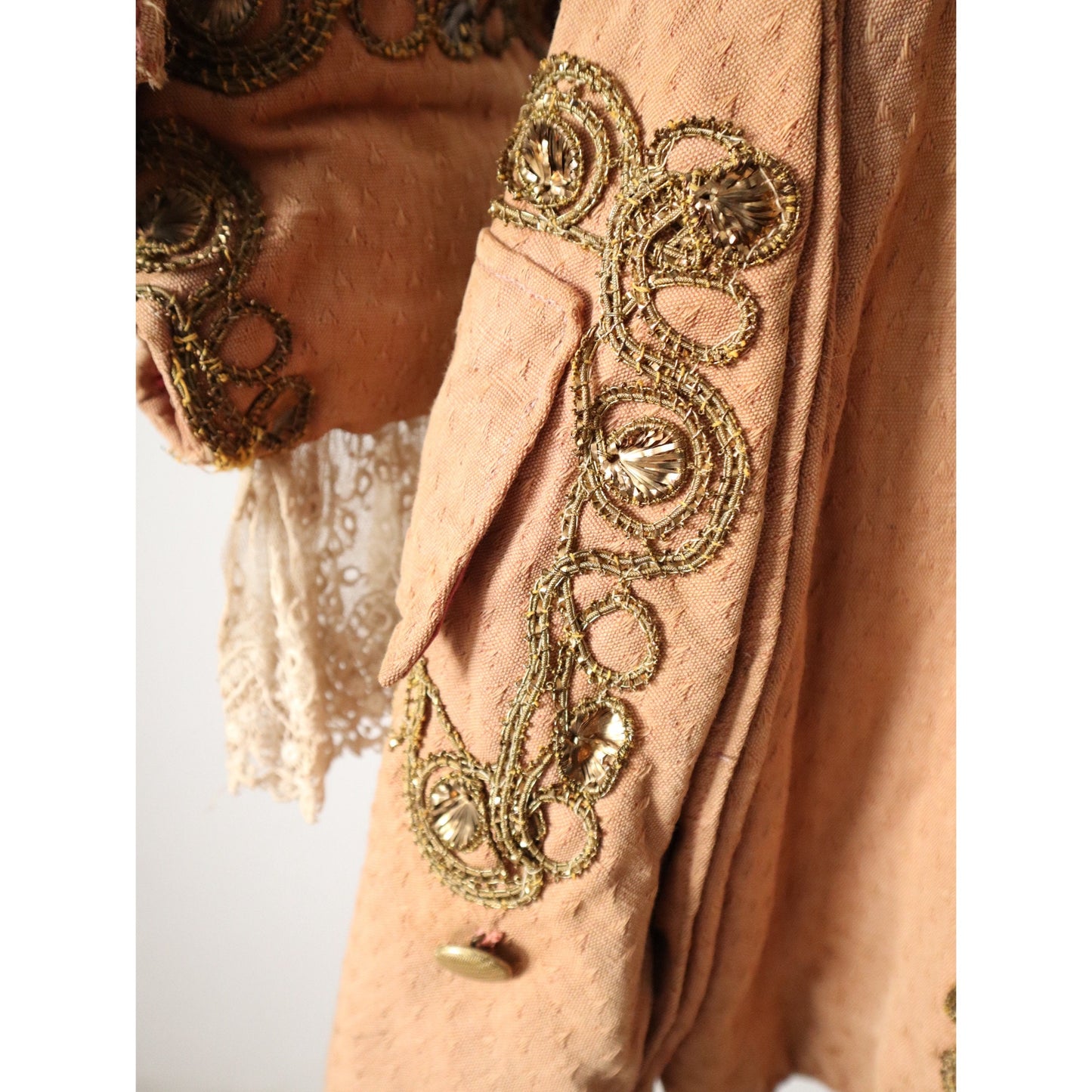 Antique French Theatre Costume Frock Coat Peach Cotton Woven Lave Trim Gold Metal Thread Embellishment 18th Century Style
