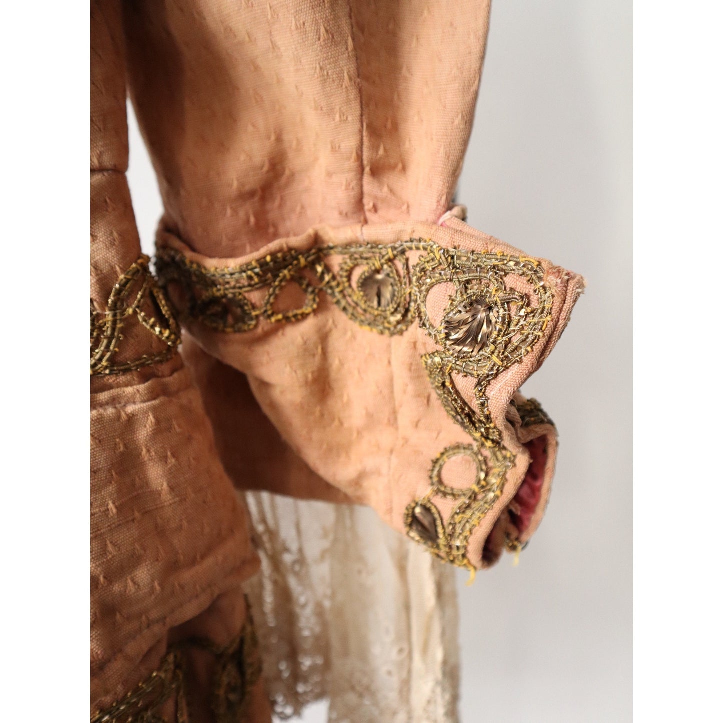 Antique French Theatre Costume Frock Coat Peach Cotton Woven Lave Trim Gold Metal Thread Embellishment 18th Century Style