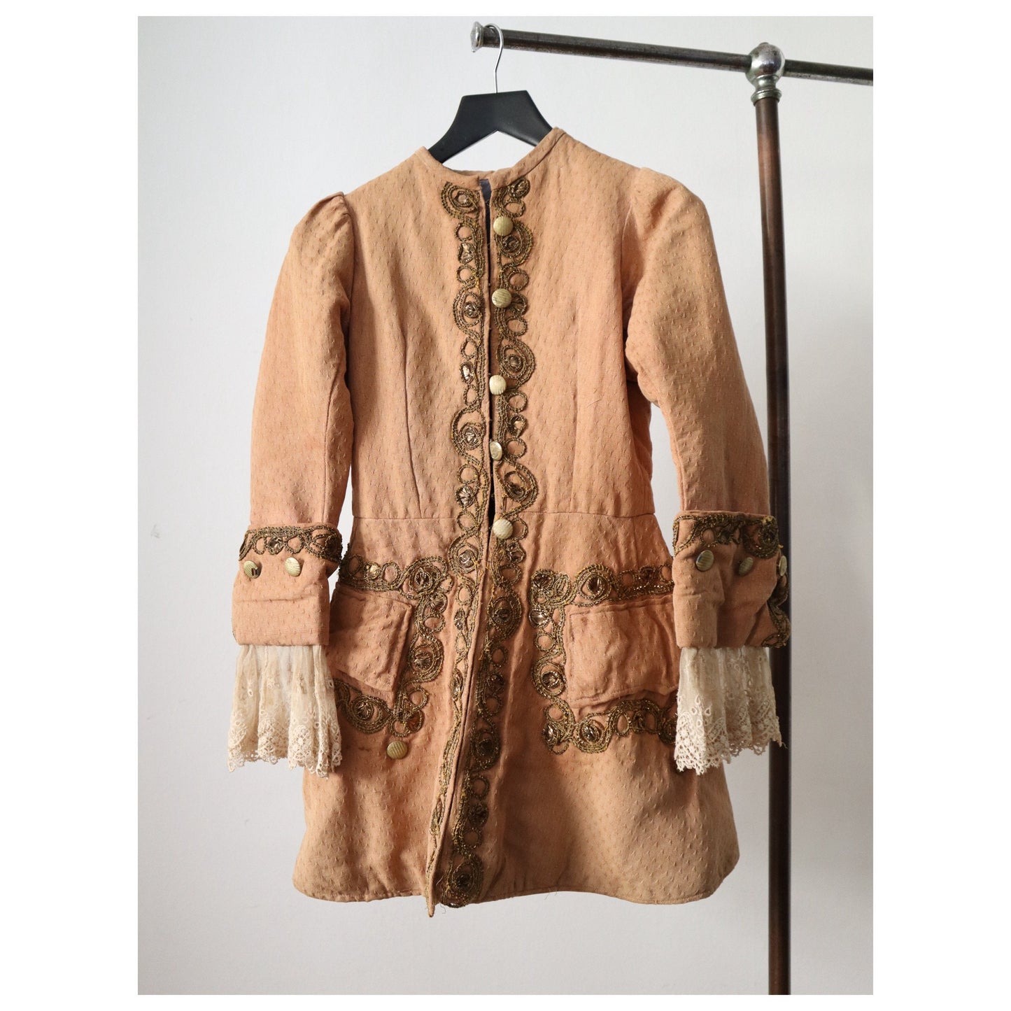 Antique French Theatre Costume Frock Coat Peach Cotton Woven Lave Trim Gold Metal Thread Embellishment 18th Century Style