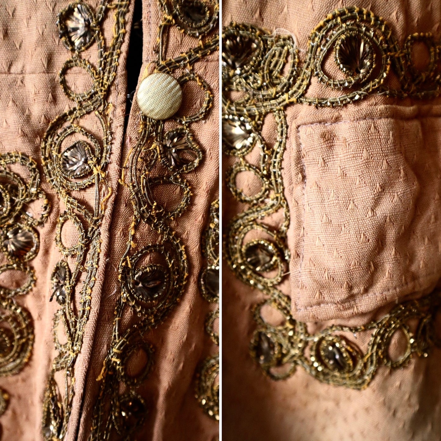 Antique French Theatre Costume Frock Coat Peach Cotton Woven Lave Trim Gold Metal Thread Embellishment 18th Century Style