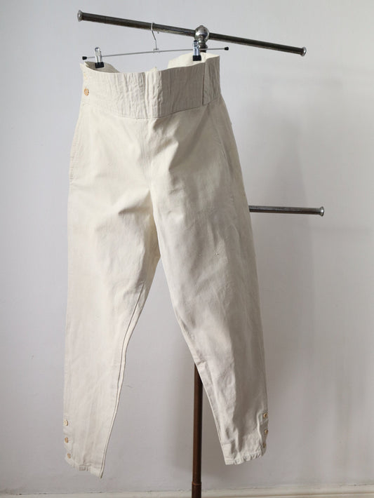 1910s French White Cotton Cavas Fencing Trousers High Waist Cinch Back