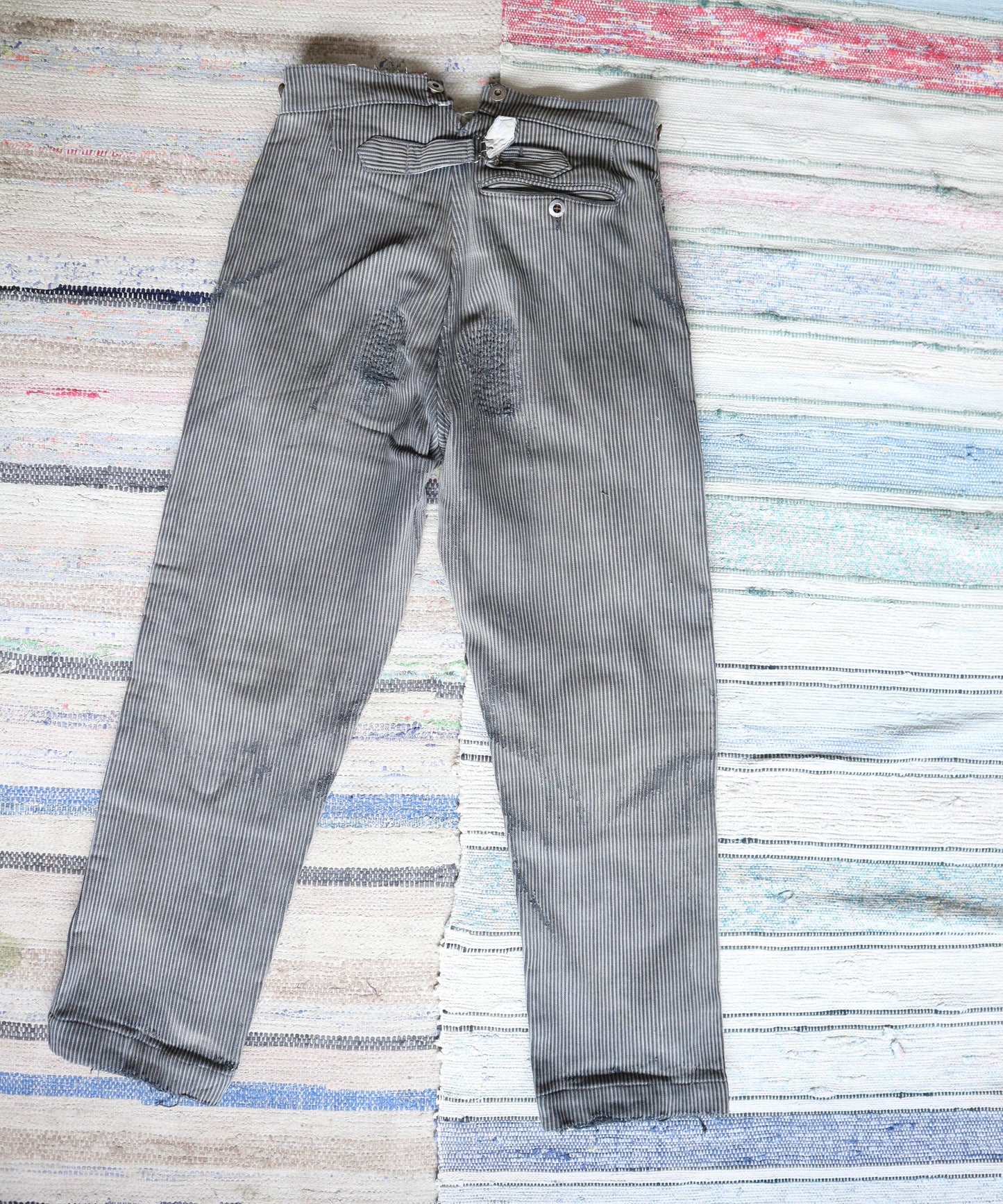 French 1940s Workwear Trousers Grey Stripe Coutil Cotton Repaired Patched Darned Chore