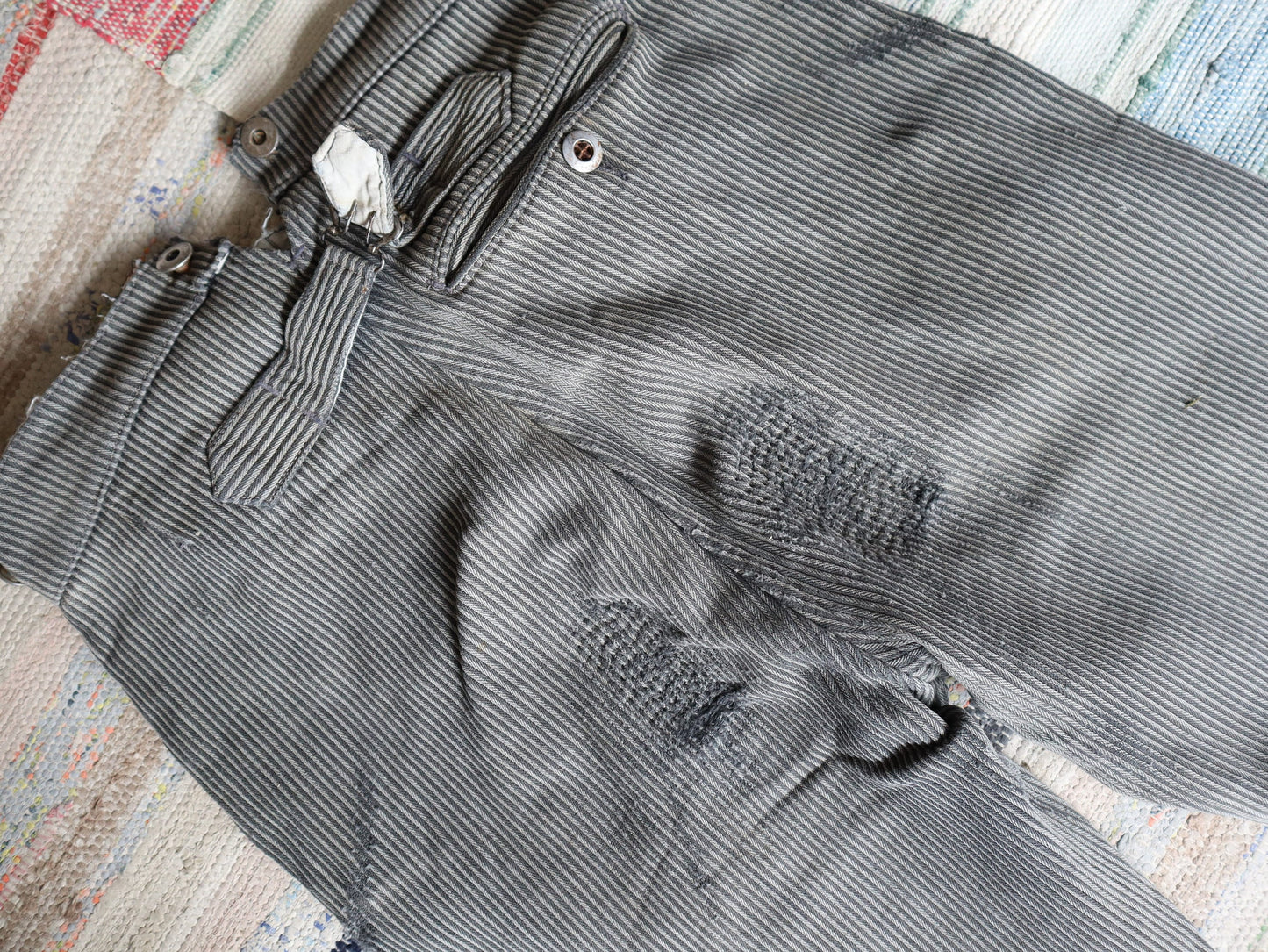 French 1940s Workwear Trousers Grey Stripe Coutil Cotton Repaired Patched Darned Chore