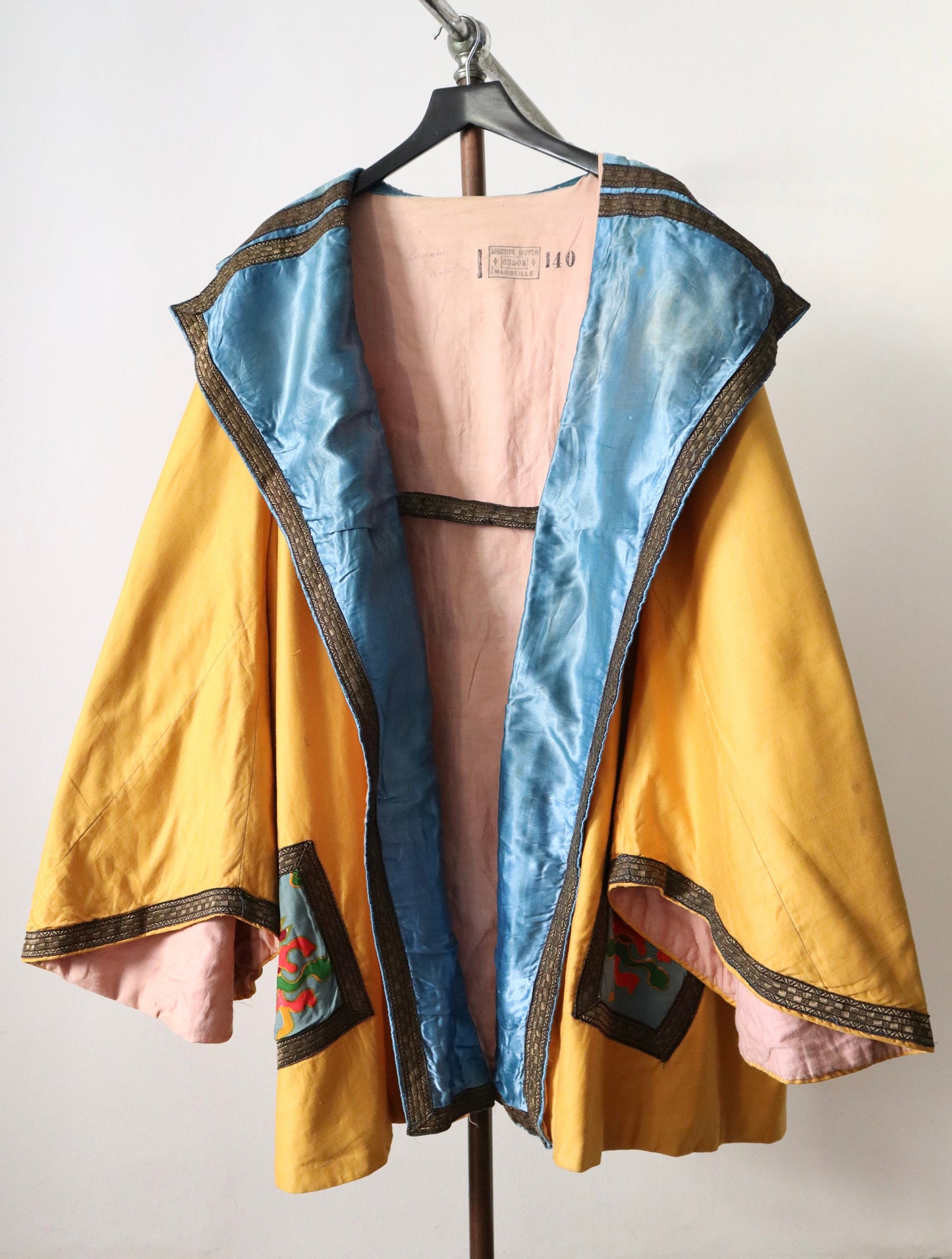 1920s French Theatre Opera Costume Jacket Oriental Style Wide Sleeves Gold Metal Ribbon Trim Yellow Blue