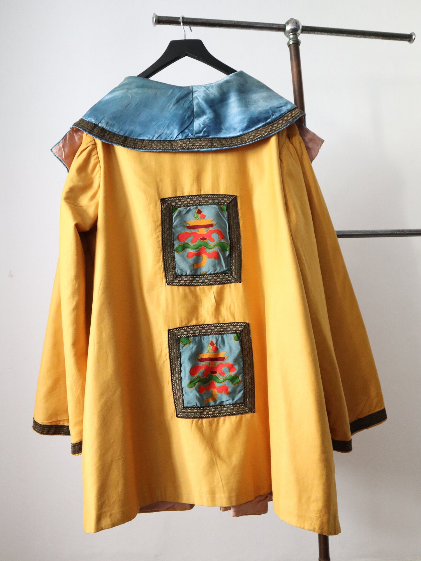 1920s French Theatre Opera Costume Jacket Oriental Style Wide Sleeves Gold Metal Ribbon Trim Yellow Blue