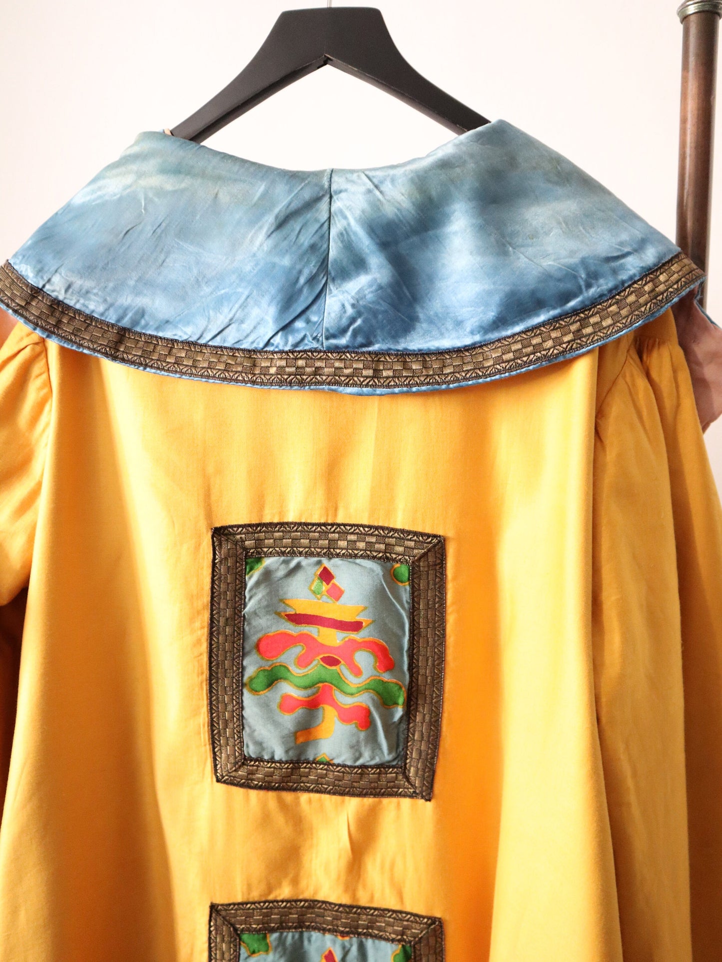 1920s French Theatre Opera Costume Jacket Oriental Style Wide Sleeves Gold Metal Ribbon Trim Yellow Blue