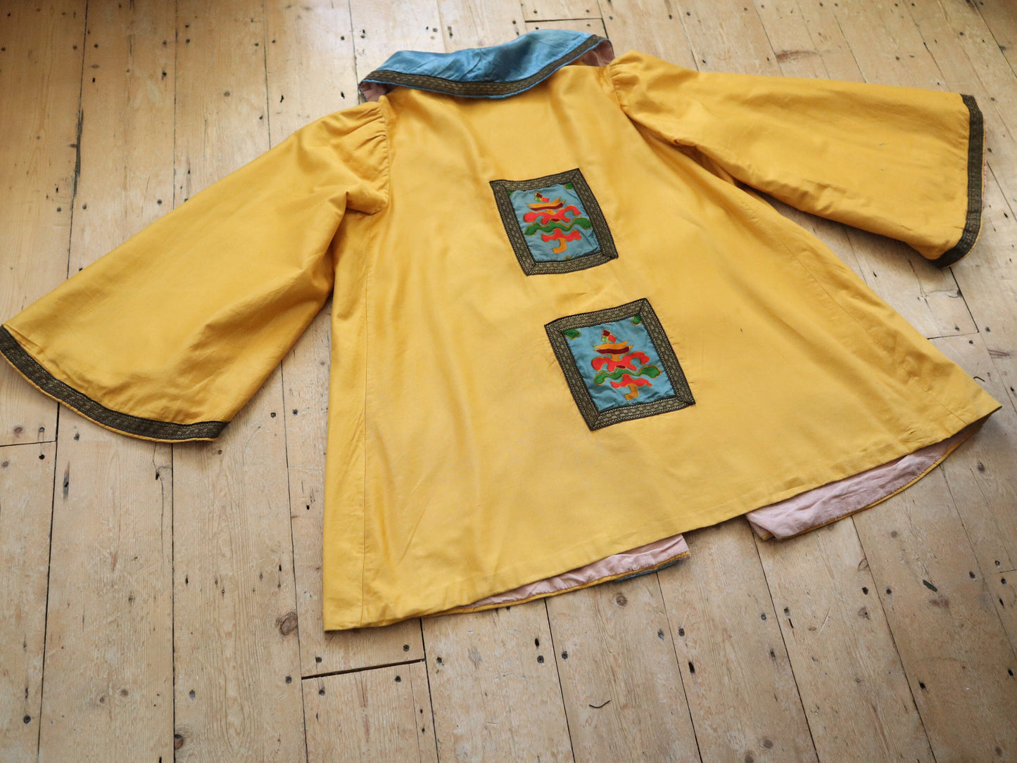 1920s French Theatre Opera Costume Jacket Oriental Style Wide Sleeves Gold Metal Ribbon Trim Yellow Blue