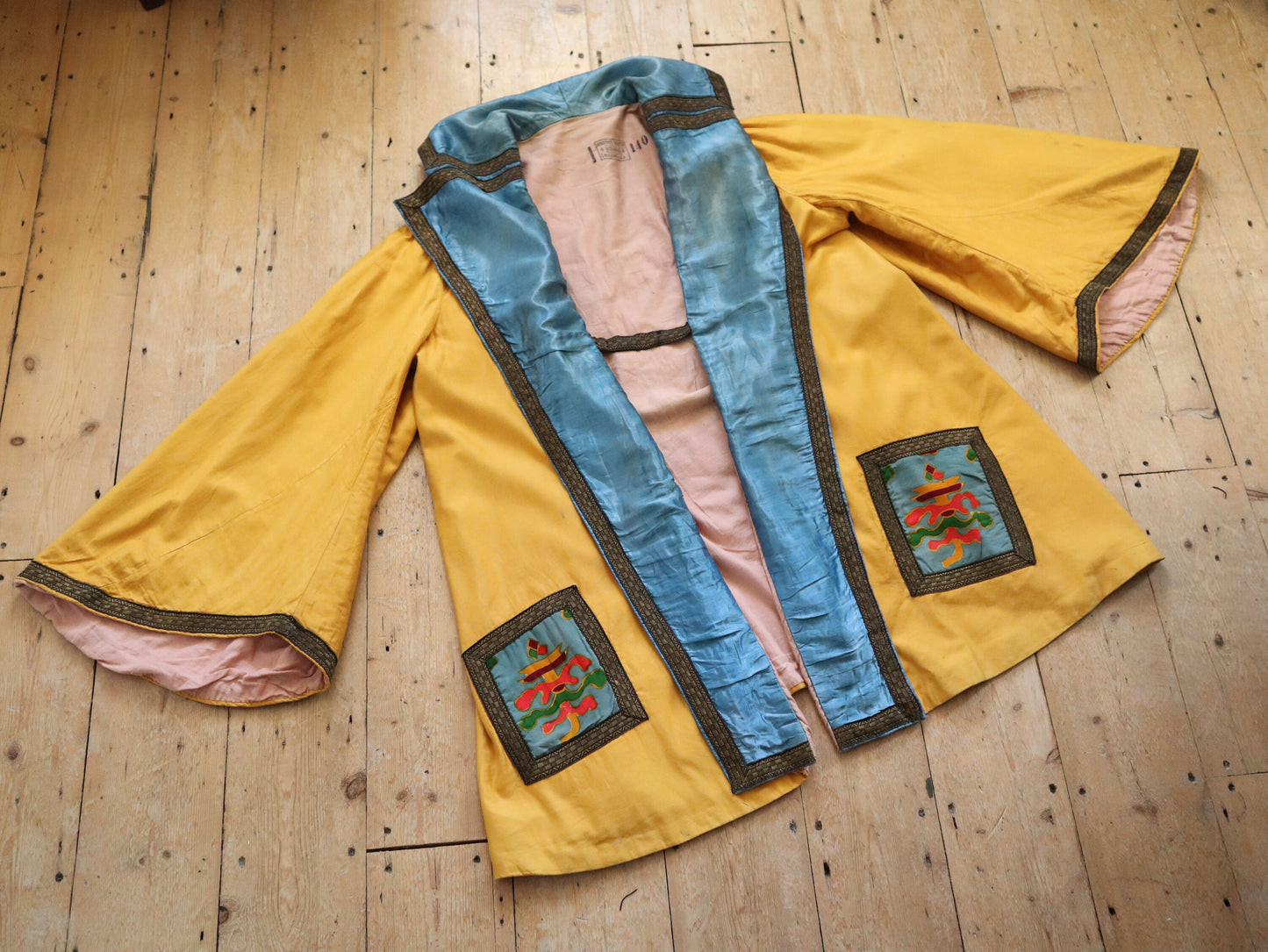 1920s French Theatre Opera Costume Jacket Oriental Style Wide Sleeves Gold Metal Ribbon Trim Yellow Blue