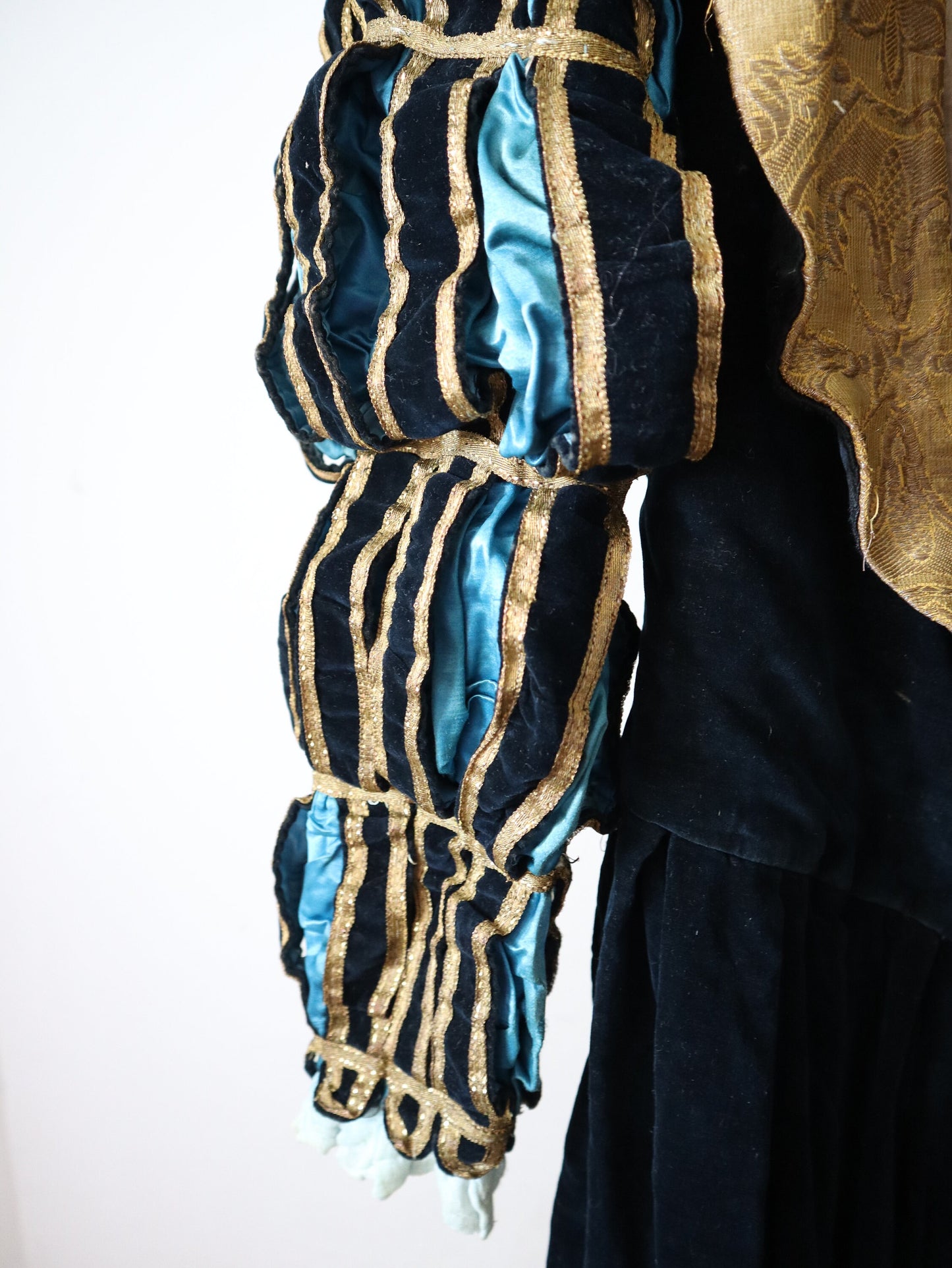 Antique 1910s French Opera Costume Renaissance Style Black Velvet Blue Silk Fold Metal Ribbon Trim Lamé