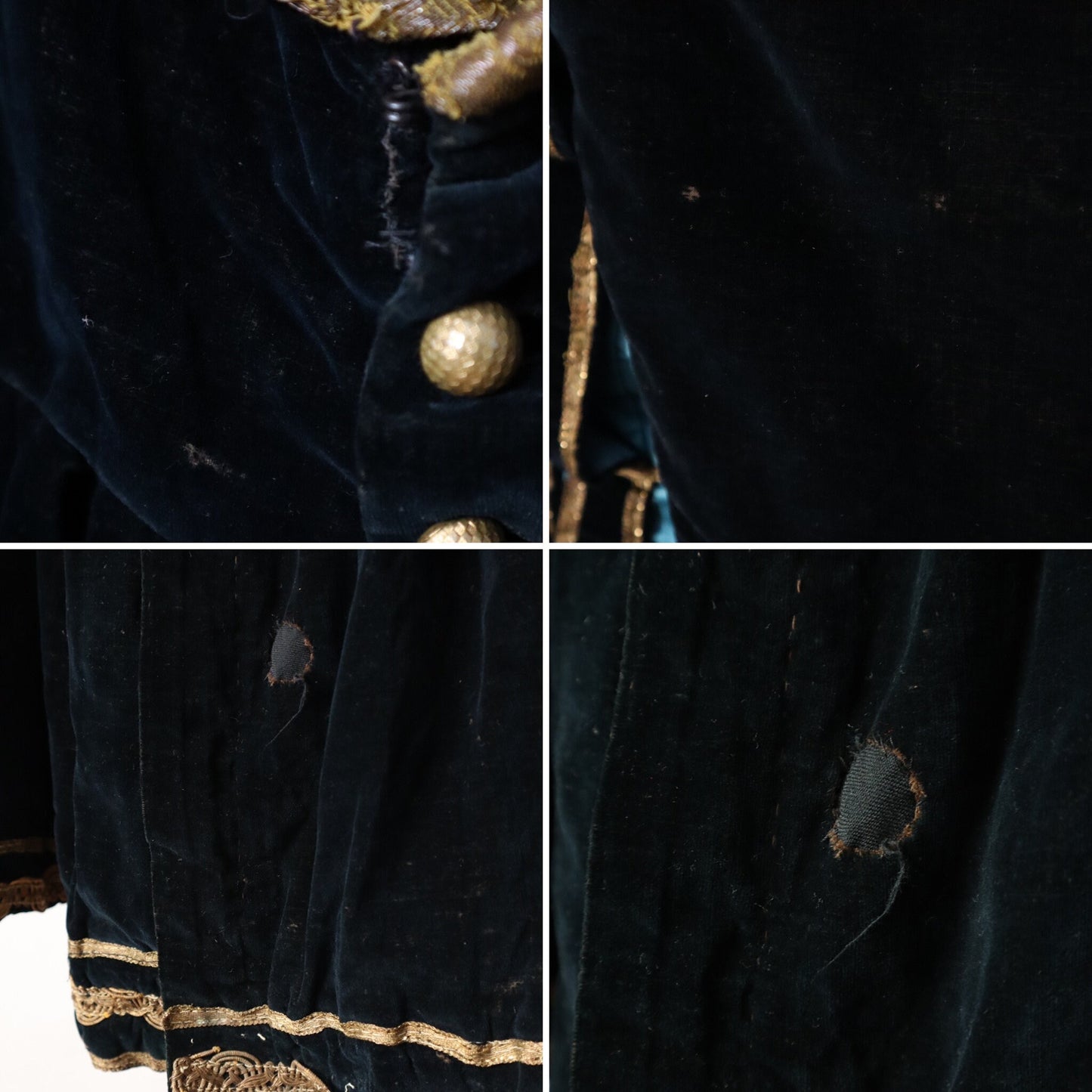 Antique 1910s French Opera Costume Renaissance Style Black Velvet Blue Silk Fold Metal Ribbon Trim Lamé