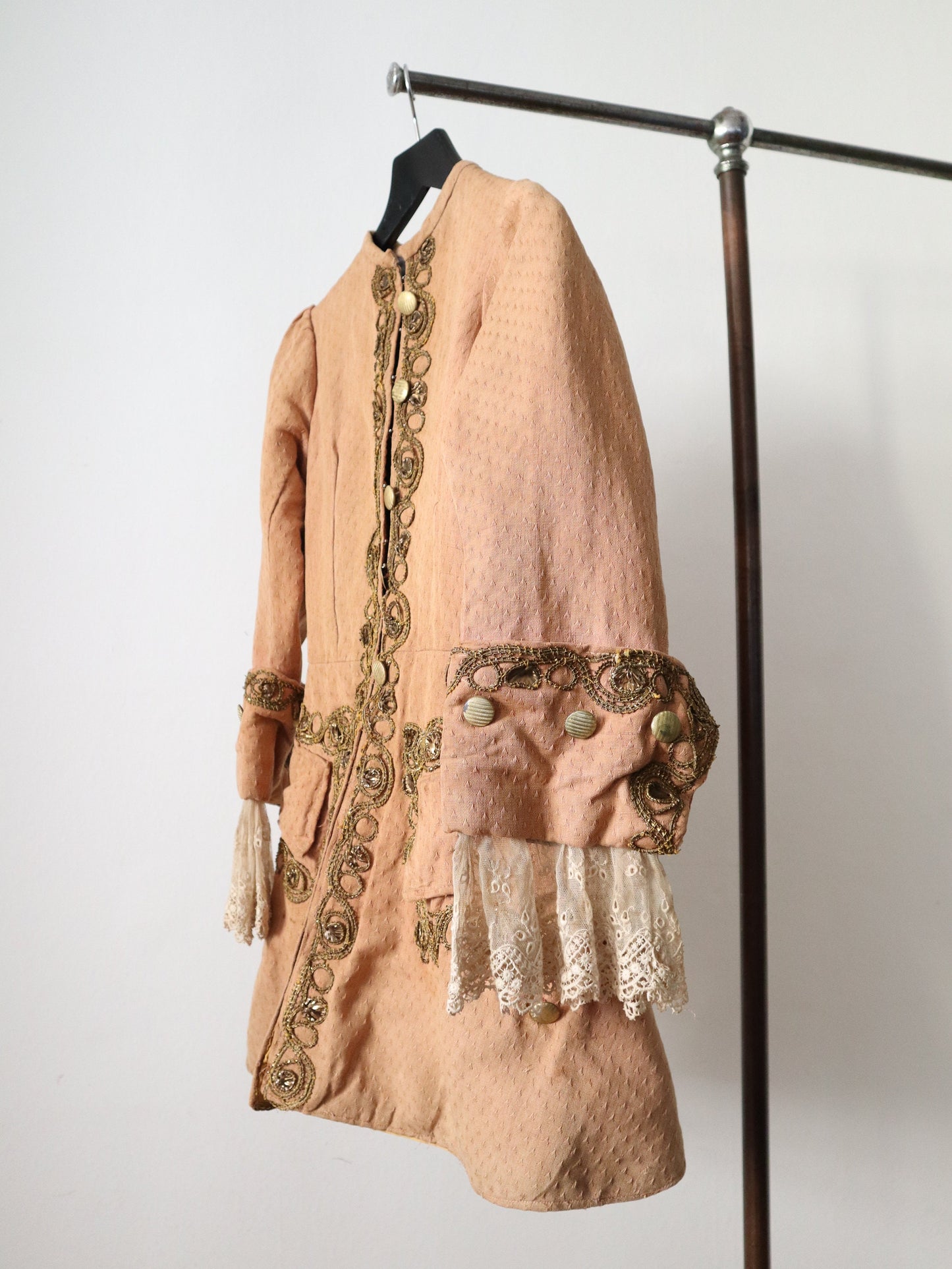 Antique French Theatre Costume Frock Coat Peach Cotton Woven Lave Trim Gold Metal Thread Embellishment 18th Century Style