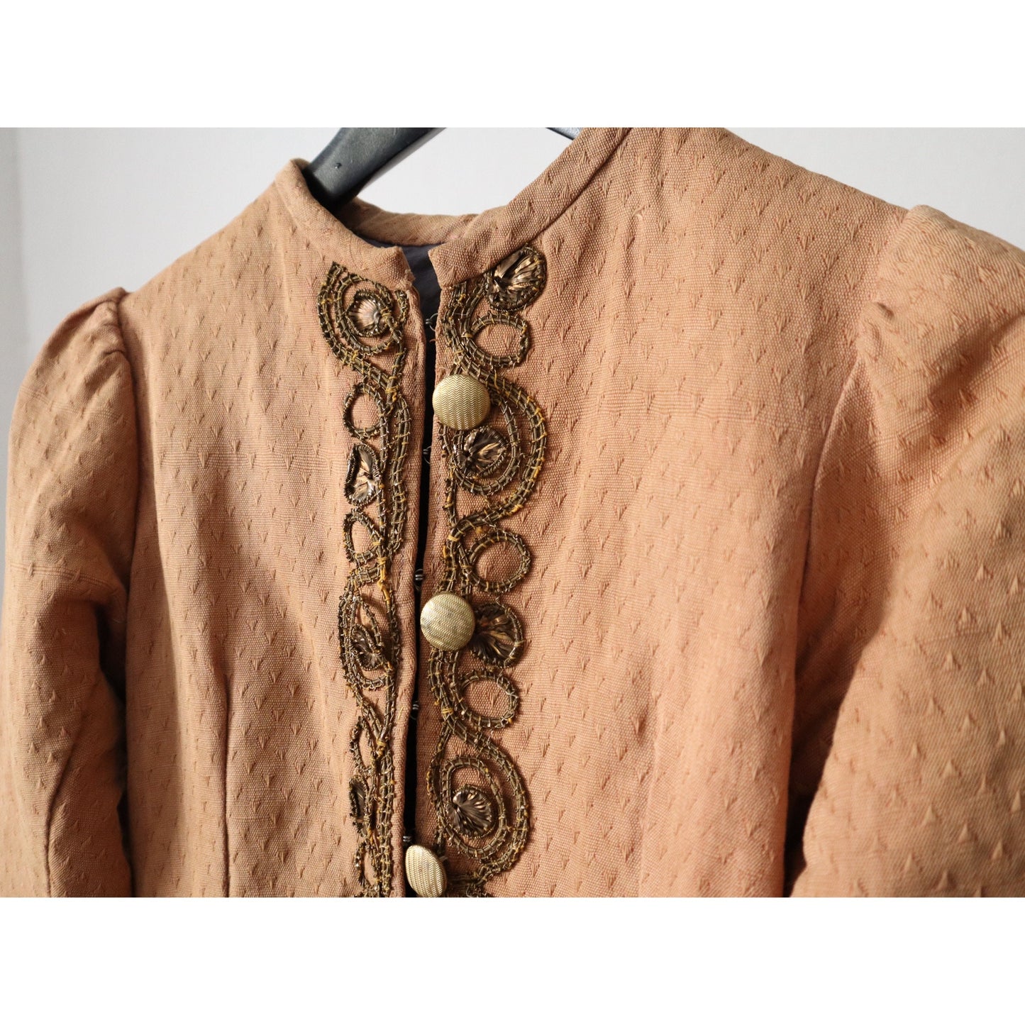 Antique French Theatre Costume Frock Coat Peach Cotton Woven Lave Trim Gold Metal Thread Embellishment 18th Century Style