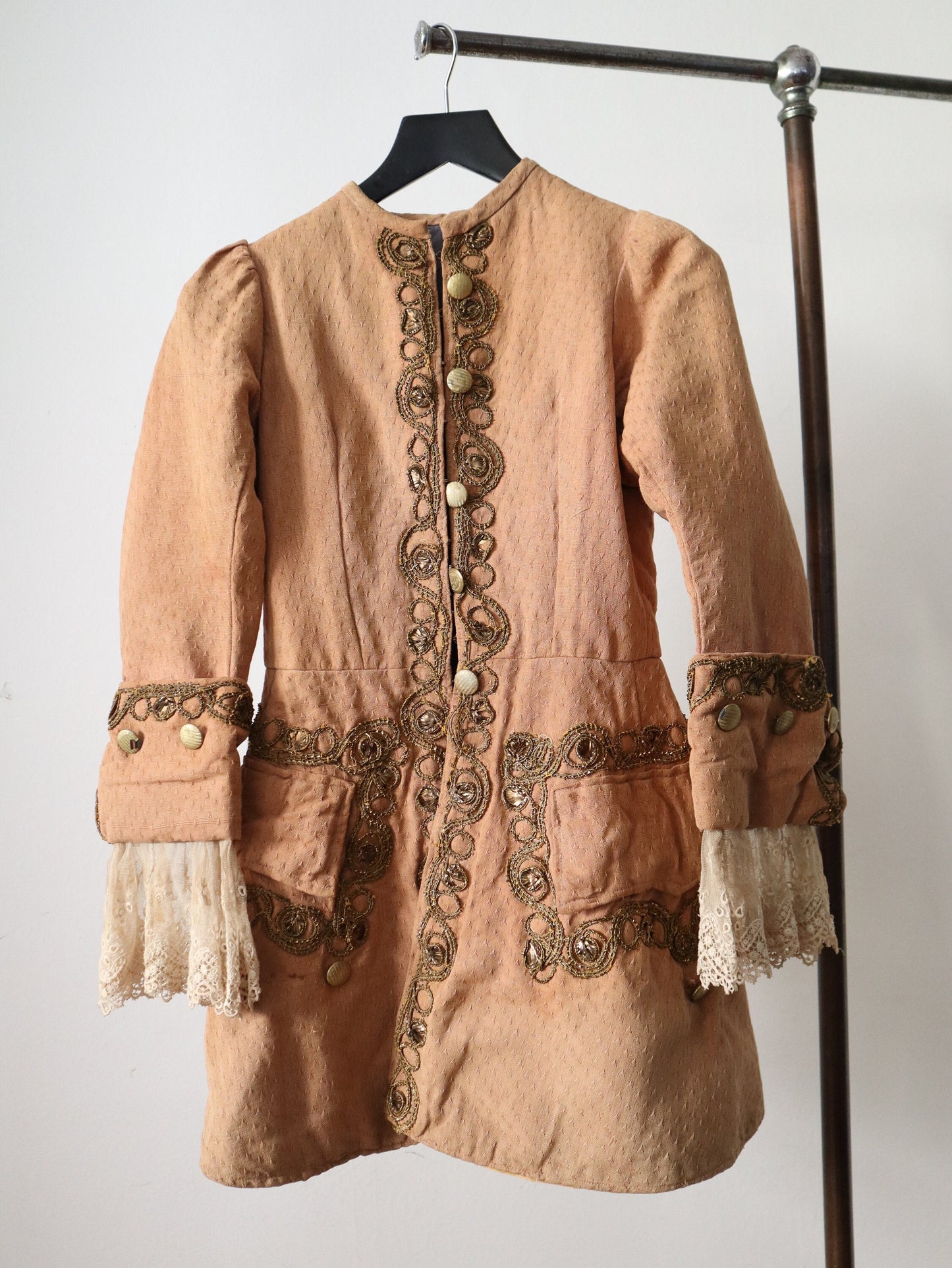 Antique French Theatre Costume Frock Coat Peach Cotton Woven Lave Teim Gold Metal Thread Embellishment 18th Century Style