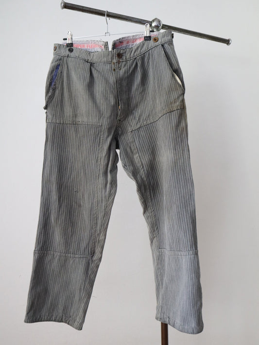 French 1940s Workwear Trousers Grey Stripe Salt Pepper Cotton Repaired Patched Chore Pants