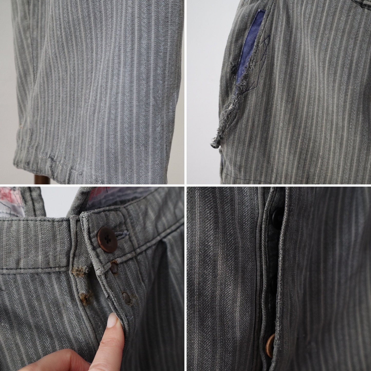 French 1940s Workwear Trousers Grey Stripe Salt Pepper Cotton Repaired Patched Chore Pants