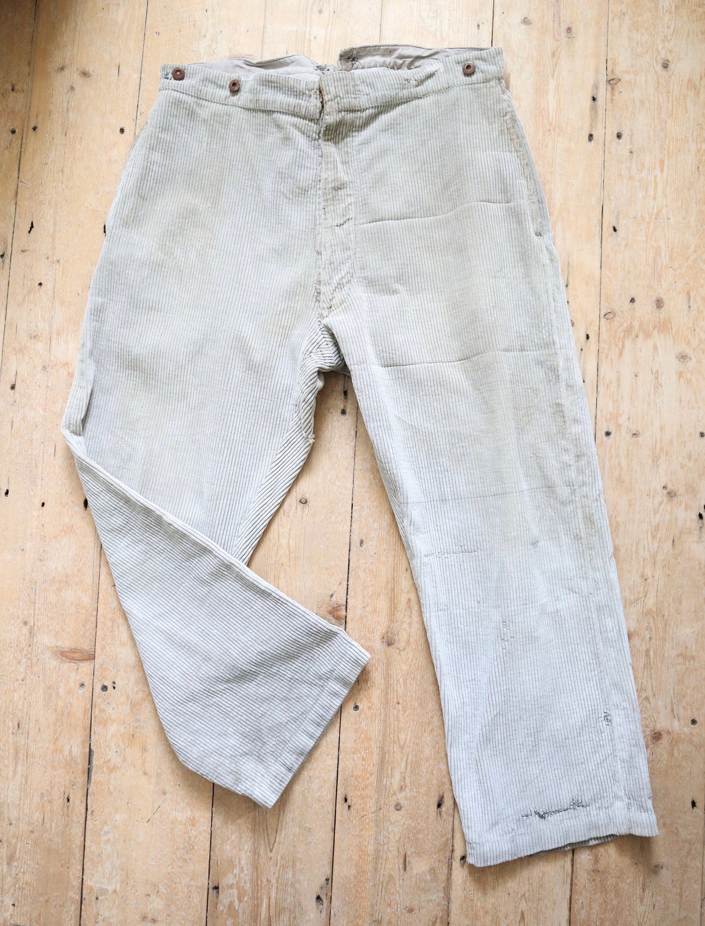 1940s French Corduroy Workwear Trousers Light Fawn Grey Repairs Chore Pants Cinch Metal Buckle Back