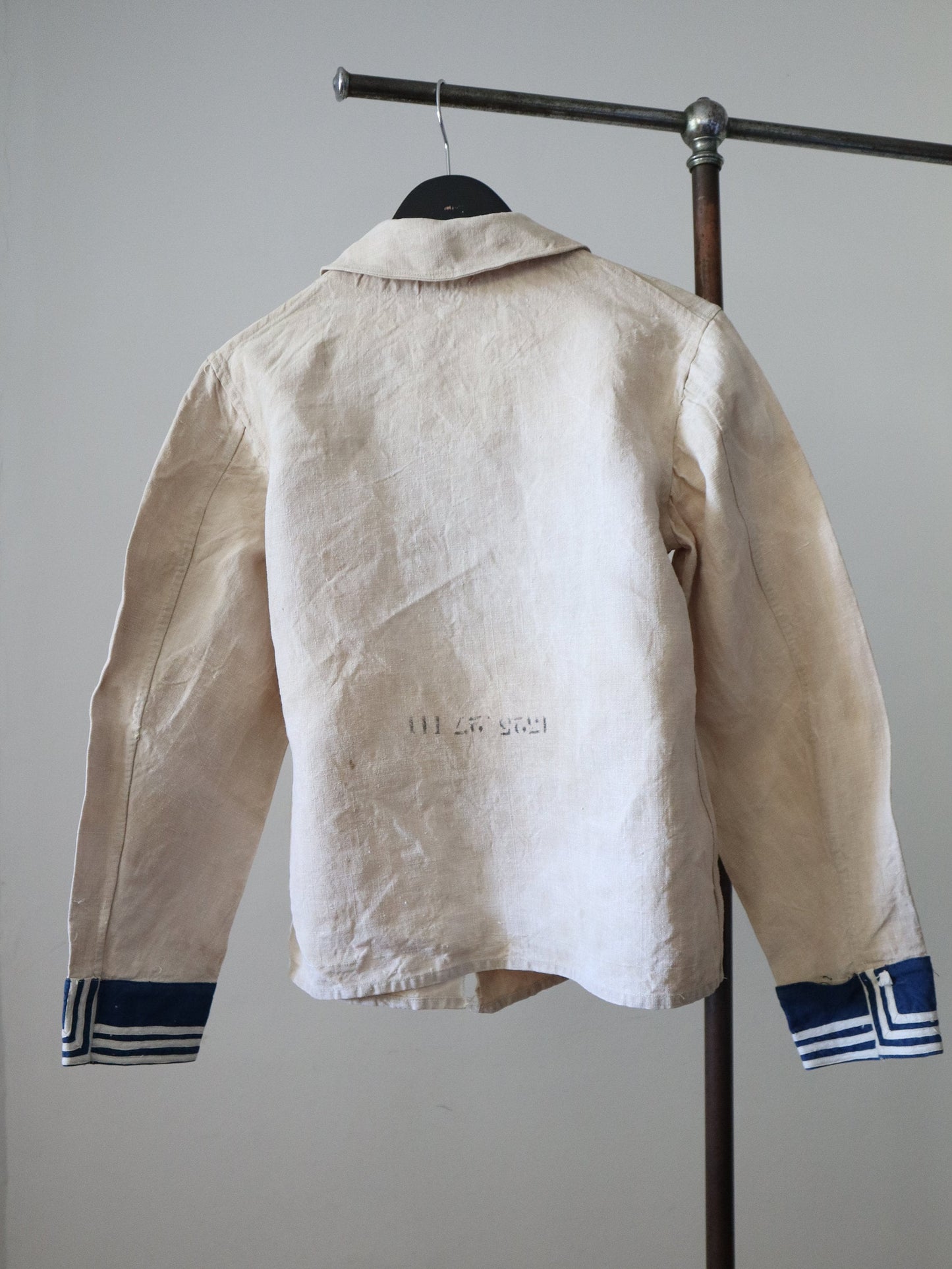 1920s French Naval Navy Sailor Jacket Linen Stamped Military Shirt Top