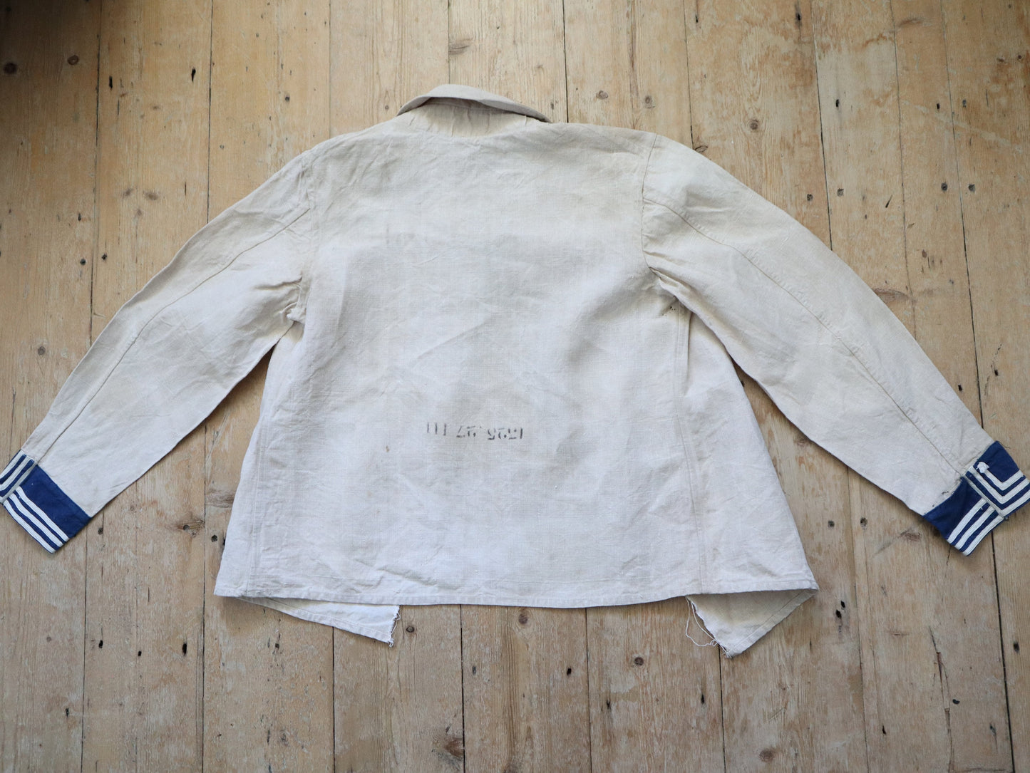 1920s French Naval Navy Sailor Jacket Linen Stamped Military Shirt Top