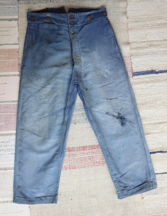 1940s French Blue Moleskin Workwear Trousers Pants High Waisted Buckle Back Cinch Chore Repairs