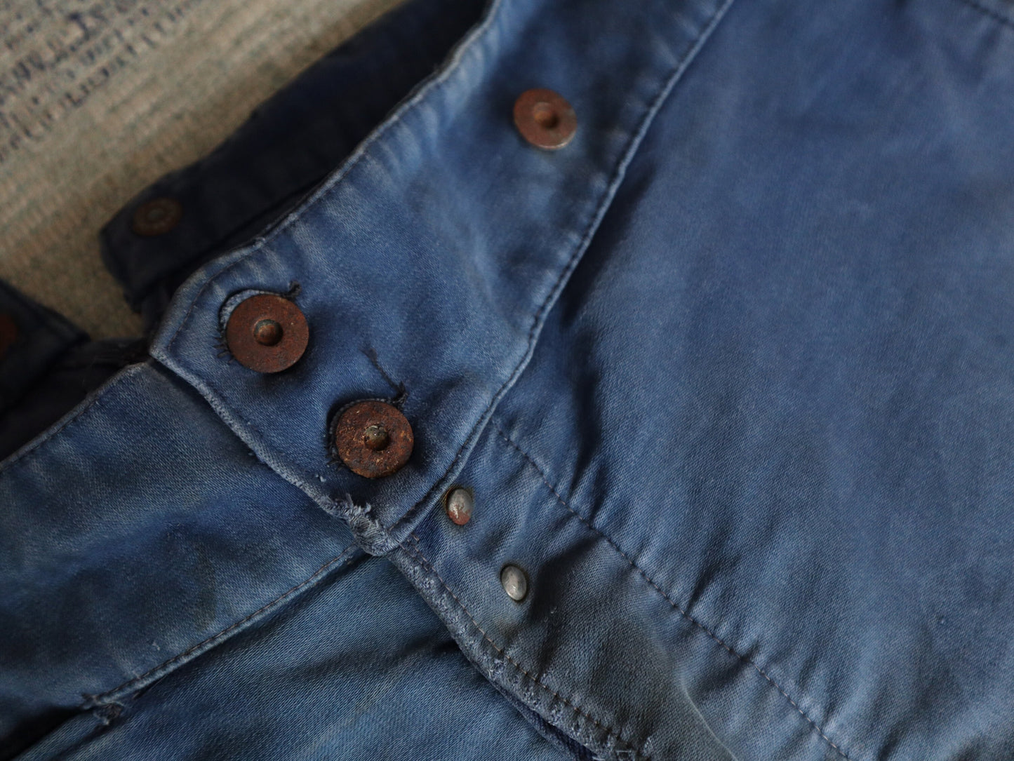 1940s French Blue Moleskin Workwear Trousers Pants High Waisted Buckle Back Cinch Chore Repairs