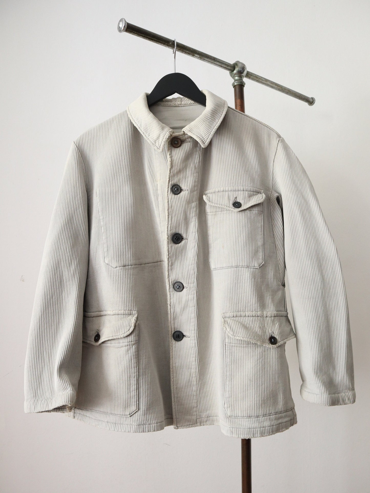 1930s French Hunting Jacket Light Grey Worn Mended Repaired Chore Workwear Early Vintage Metal Animal Buttons