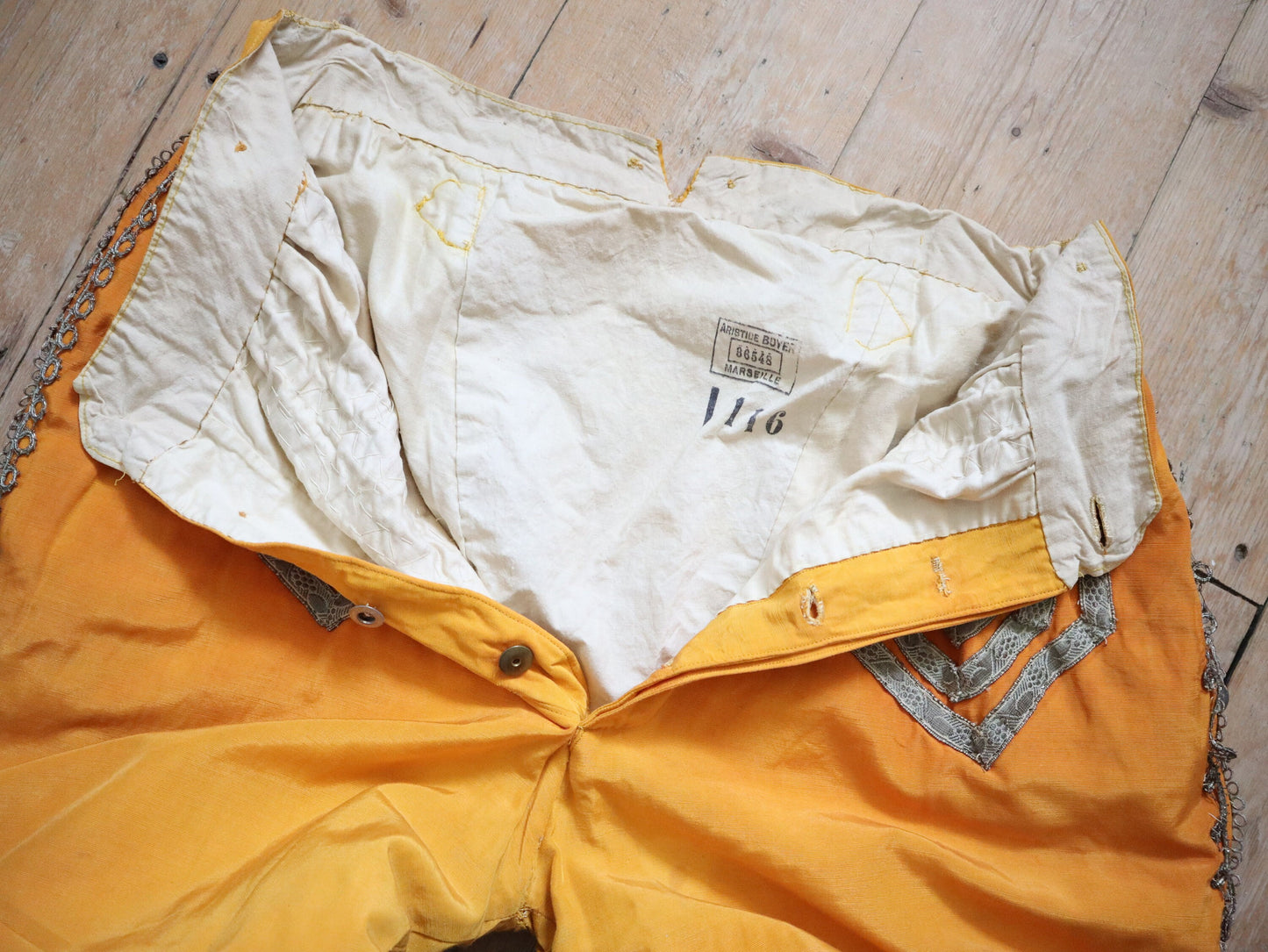 Antique Early 1900s French Yellow Silk Grosgrain Breeches Pants Gold Metal Thread embellishments