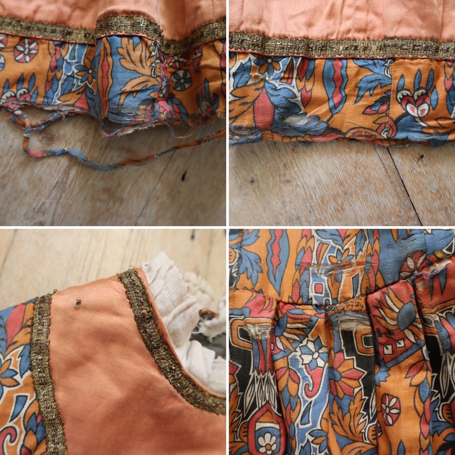 1910s - 20s French Theatre Opera Costume Tunic Dress Renaissance Style Peach Silk Pattern Fold Metal Ribbon Trim Antique