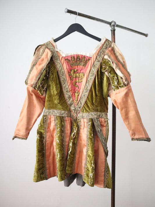 1920s French Opera Theatre Costume Tunic Peach Silk Green Velvet Gold Sequins Heraldic Crown Dragon Prince