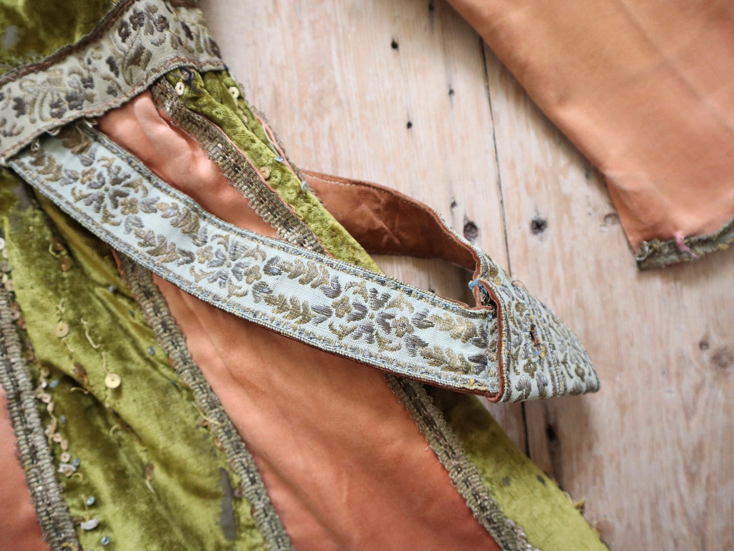 1920s French Opera Theatre Costume Tunic Peach Silk Green Velvet Gold Sequins Heraldic Crown Dragon Prince