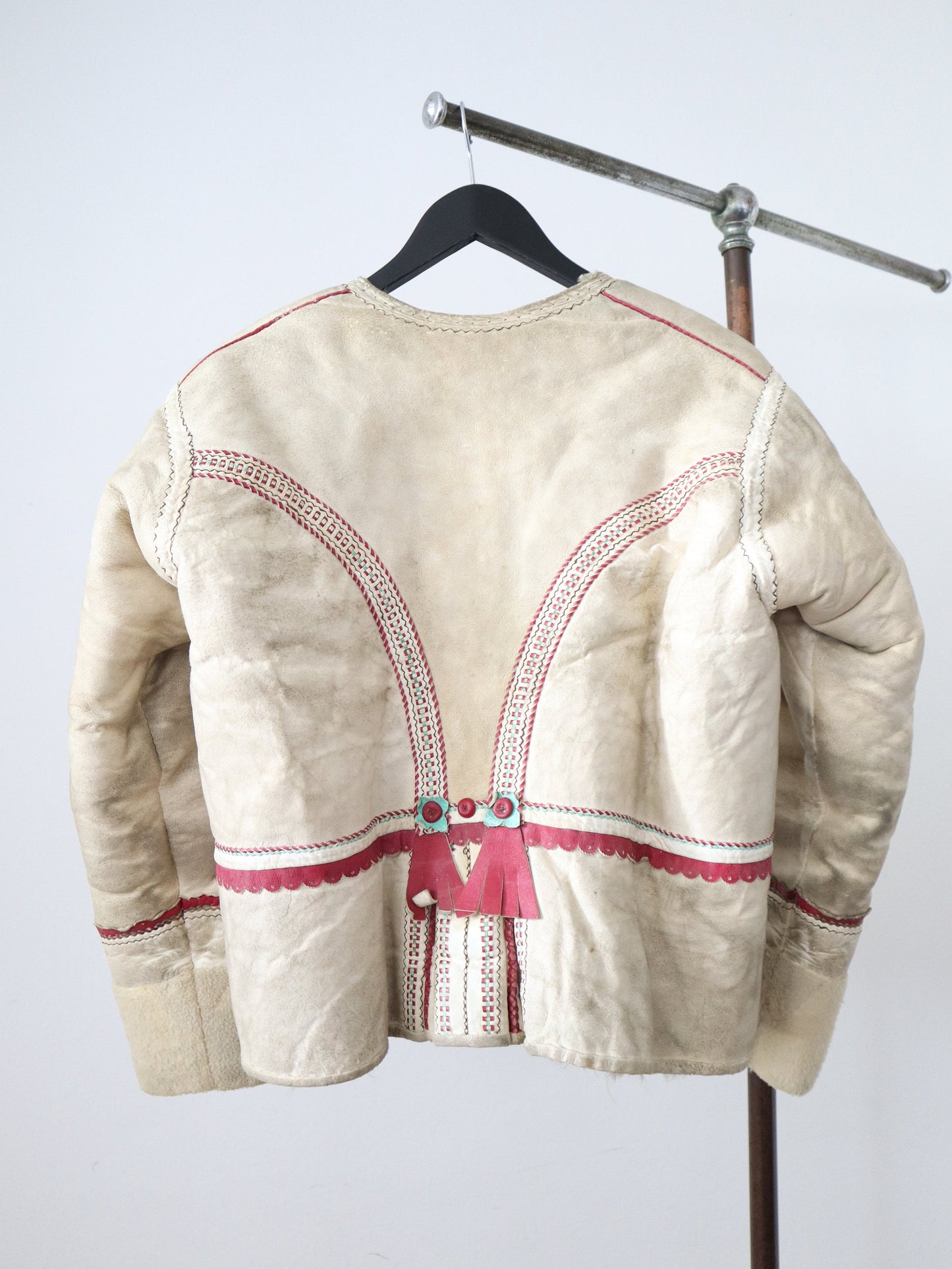1920s Slovakian Sheepskin Folk Jacket Tooled Leather Cream Red Green Crafted