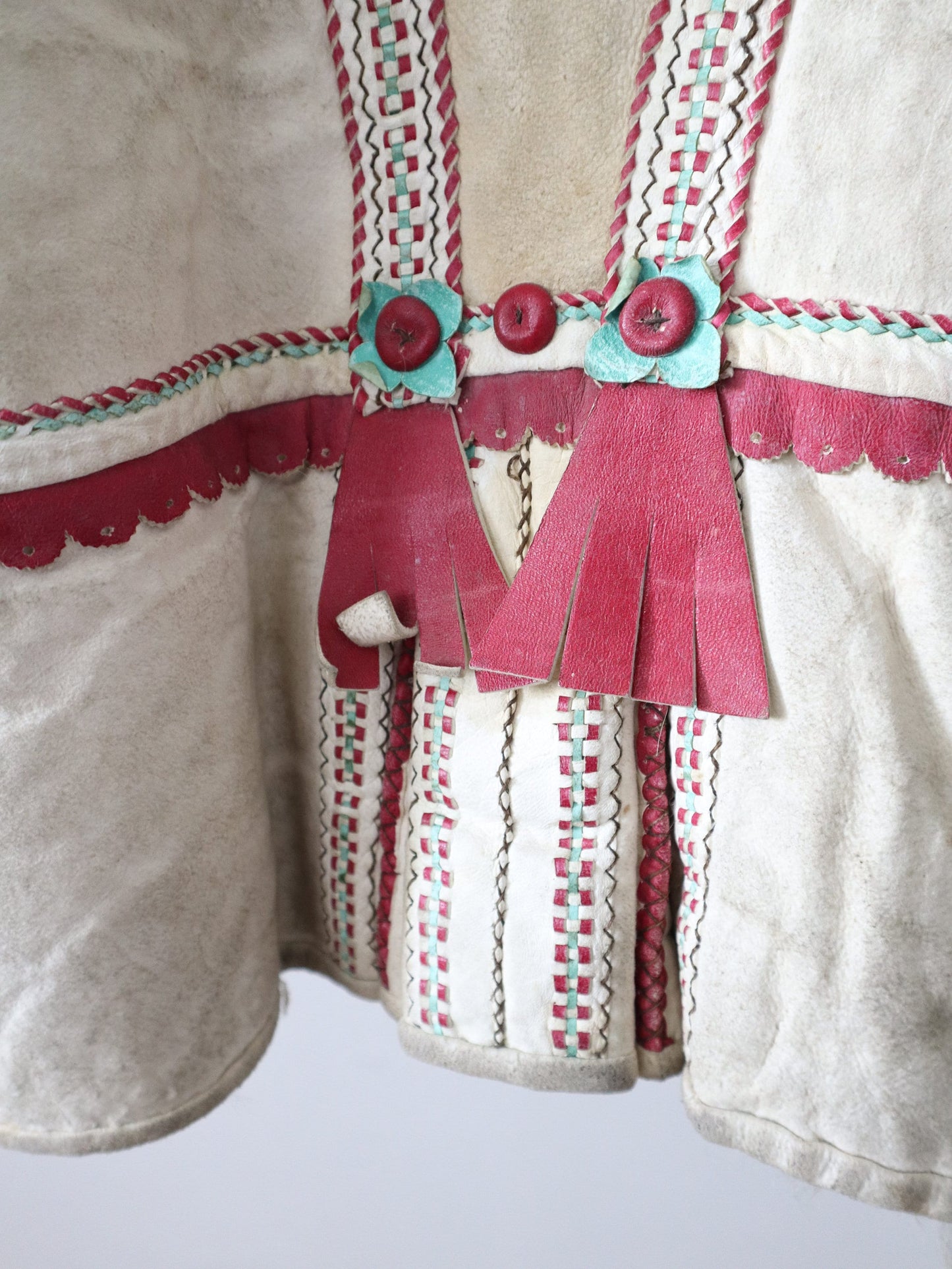 1920s Slovakian Sheepskin Folk Jacket Tooled Leather Cream Red Green Crafted