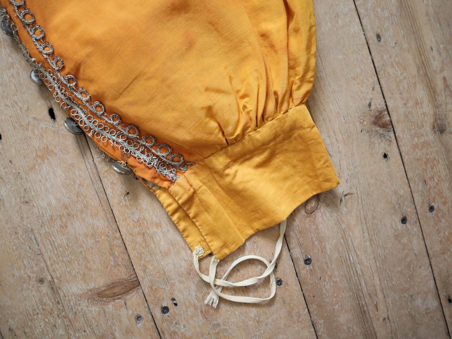 Antique Early 1900s French Yellow Silk Grosgrain Breeches Pants Gold Metal Thread embellishments