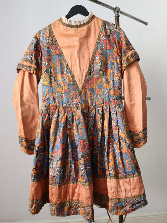 1910s - 20s French Theatre Opera Costume Tunic Dress Renaissance Style Peach Silk Pattern Fold Metal Ribbon Trim Antique