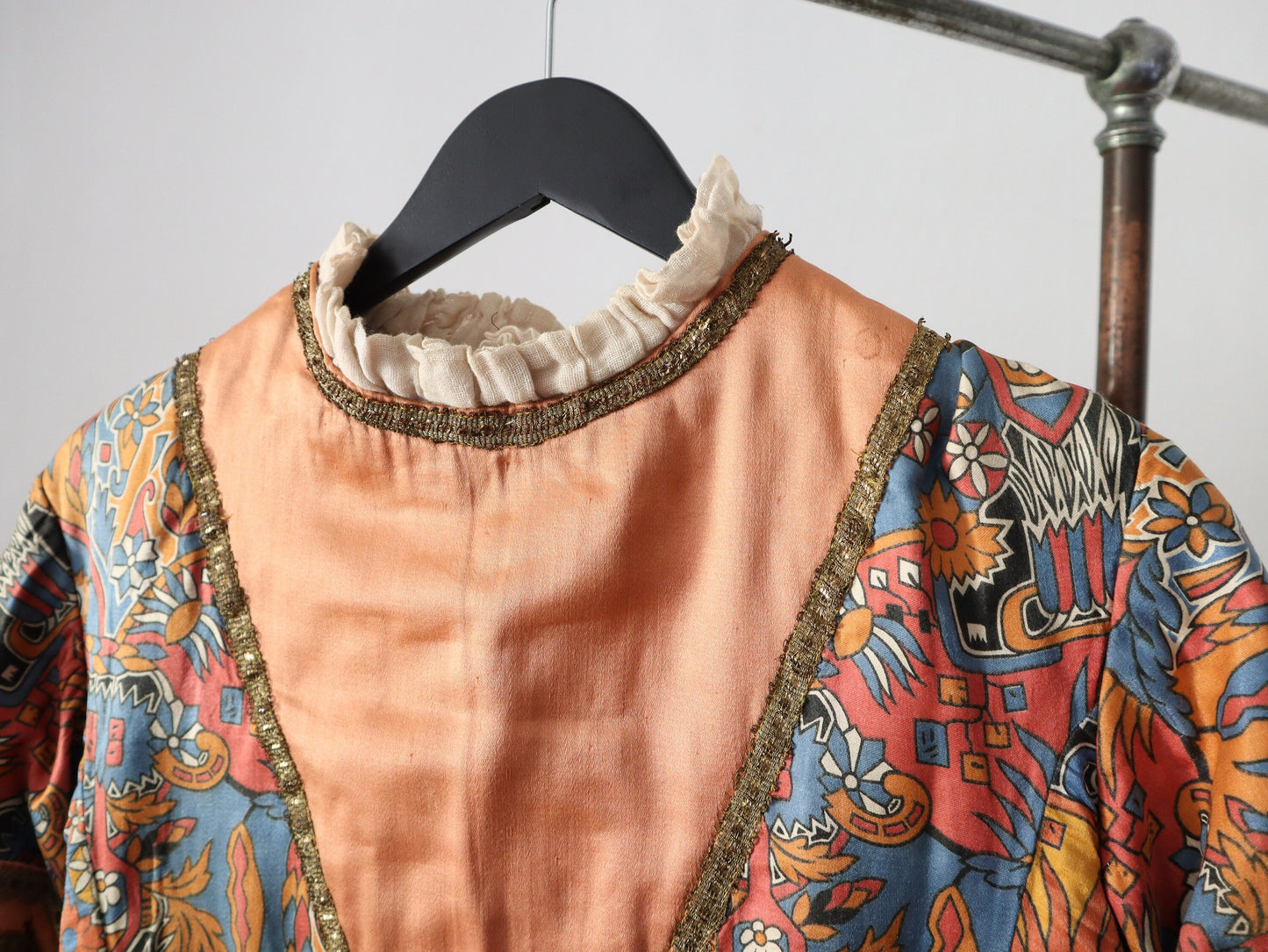 1910s - 20s French Theatre Opera Costume Tunic Dress Renaissance Style Peach Silk Pattern Fold Metal Ribbon Trim Antique