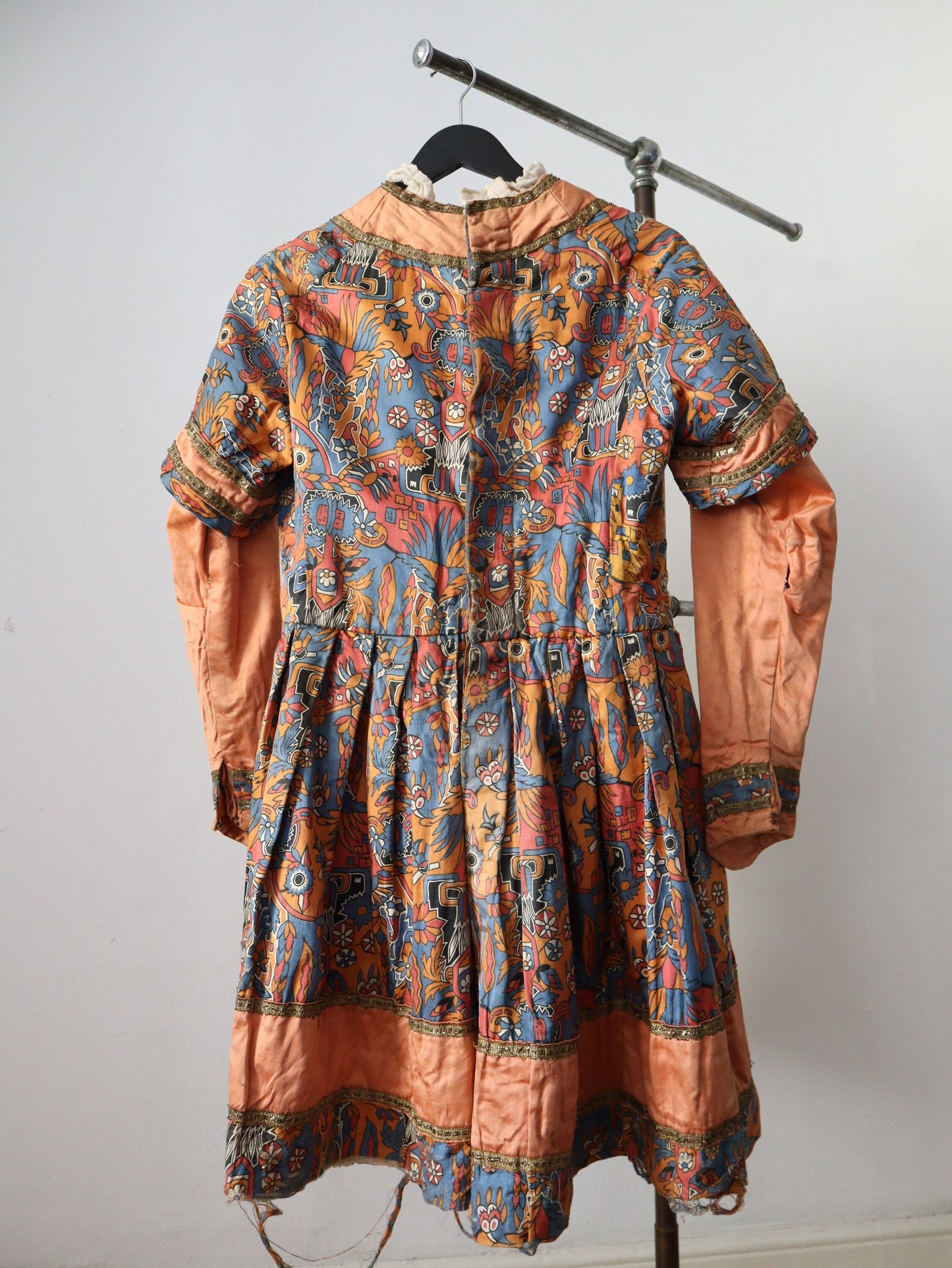 1910s - 20s French Theatre Opera Costume Tunic Dress Renaissance Style Peach Silk Pattern Fold Metal Ribbon Trim Antique