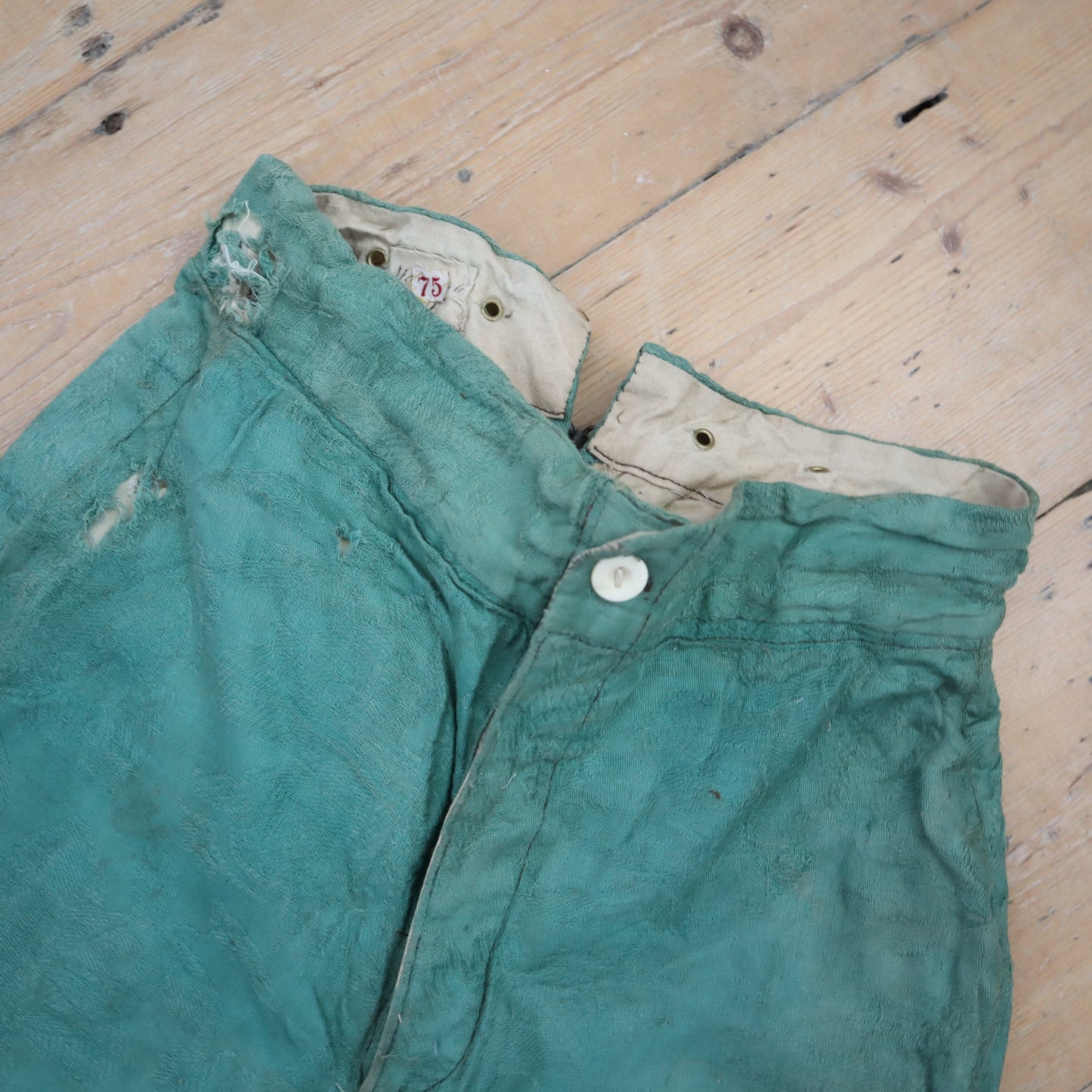 Antique French Child’s Theatre Costume Breeches Green Woven Cotton