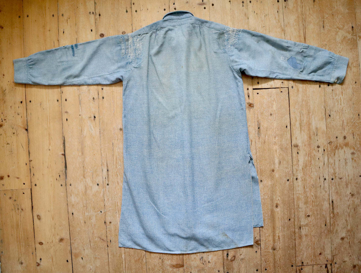 1930s - 40s French Blue Speckled Shirt Workwear Chore Darned Patched Repaired