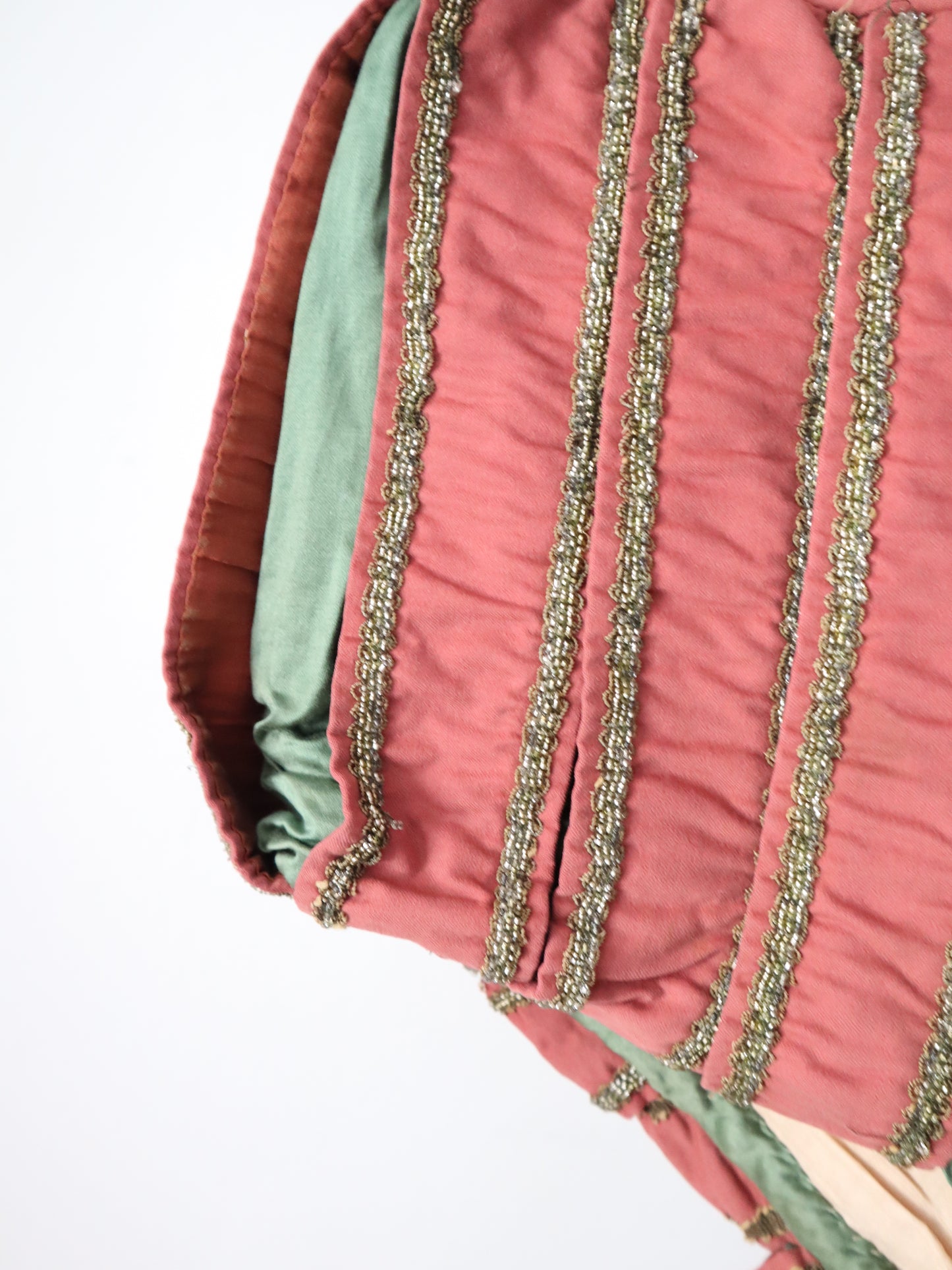 Antique 19th century French Renaissance style hose shorts, opera Theatre costume Pink Green Wool Silk  Stripe Silver Beading