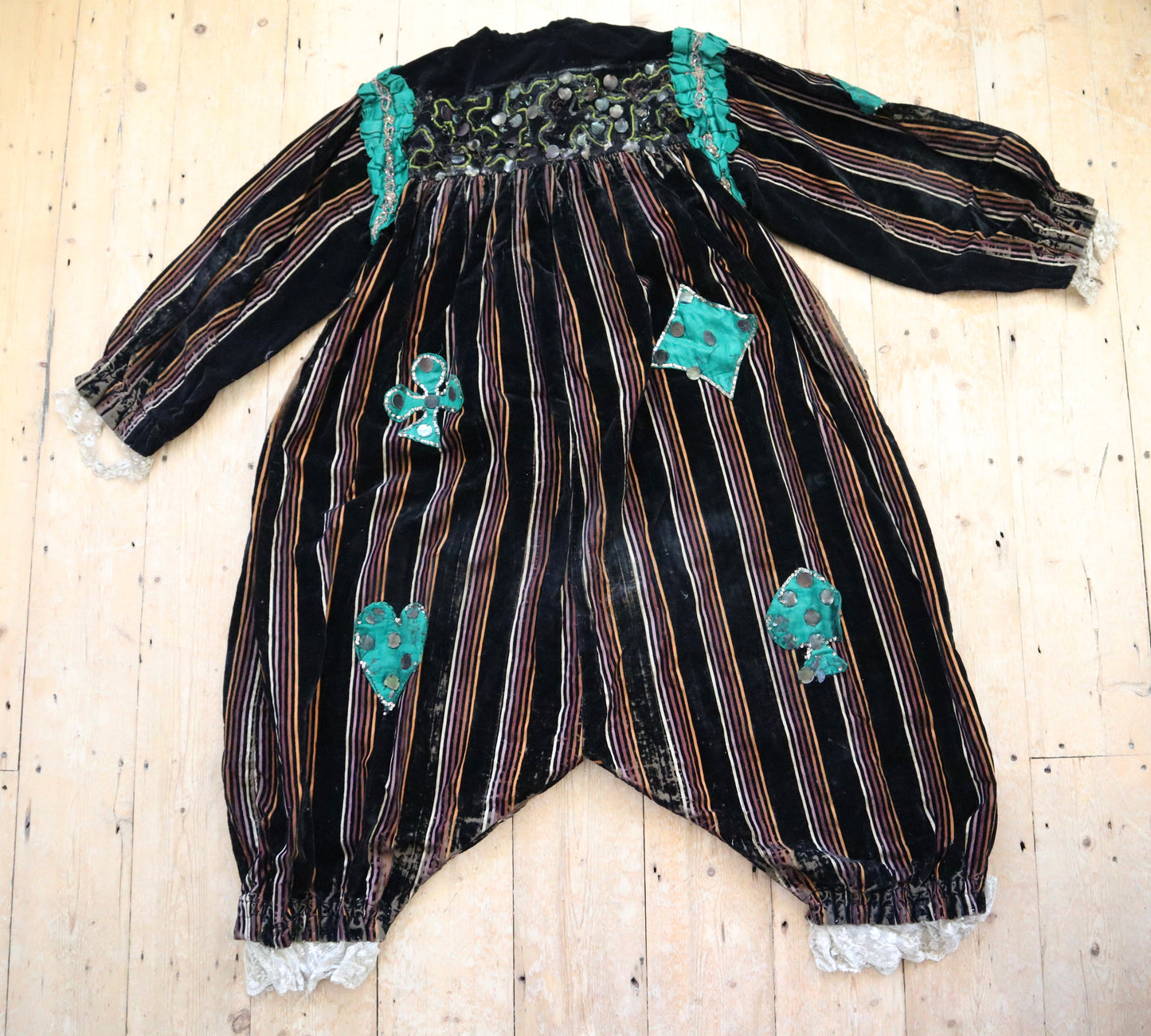 Antique 1910s 20s French Clown Costume Pierrot Brown Striped Silk Velvet Green Silk Appliqué Diamonds Clubs Hearts Spades Sequins Lace