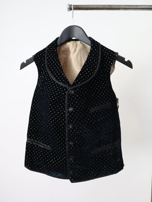 Antique French Black Silk Spotty Velvet Vest Waistcoat Early 1900s