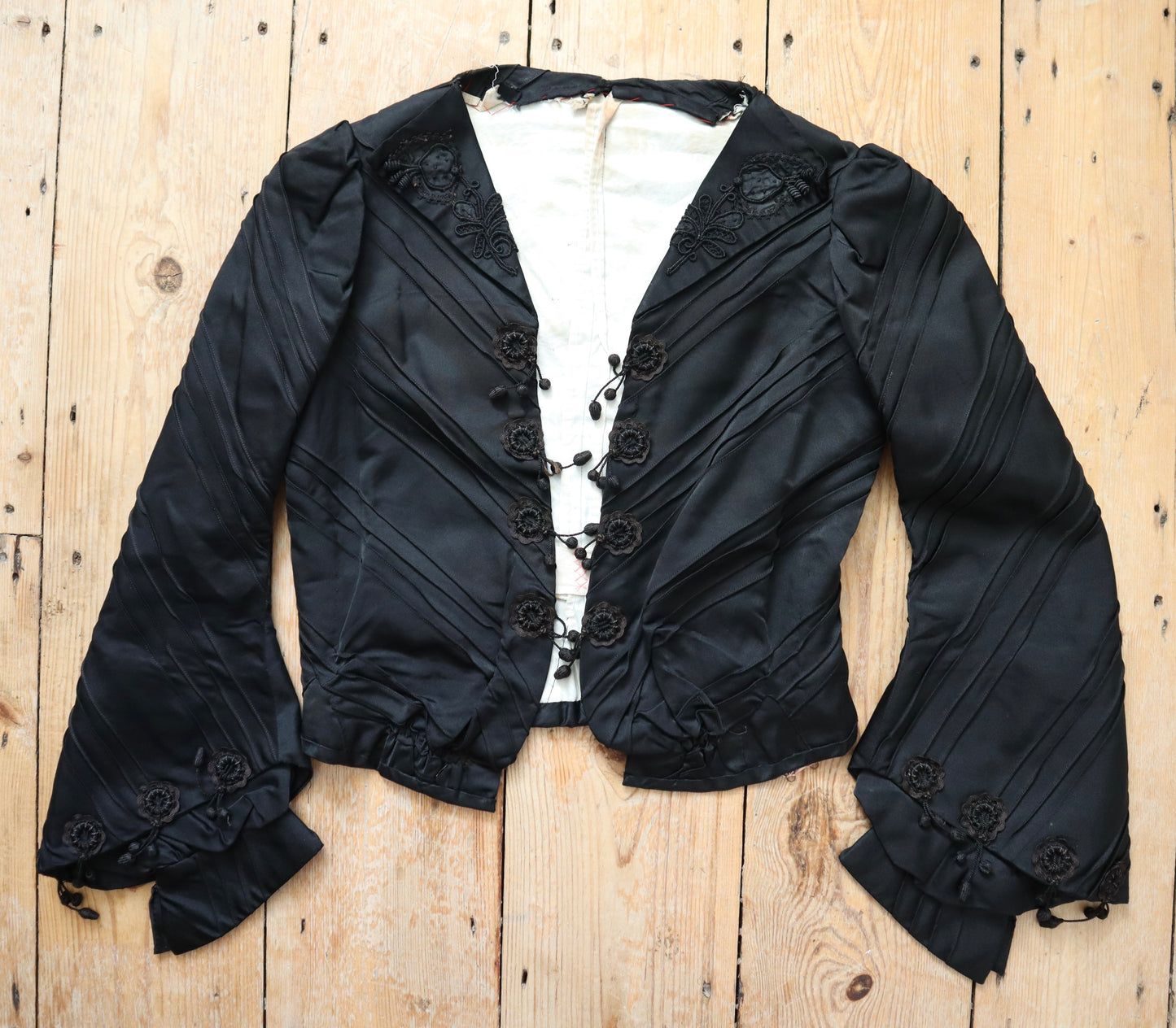 Antique 1900 French Black Silk bodice Jacket Tassels