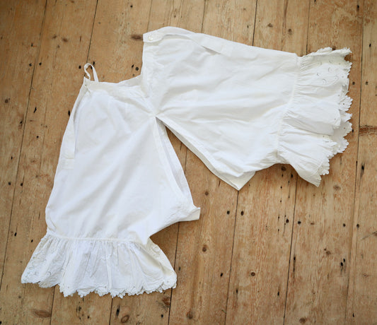 Antique French White Cotton Bloomers Knickers Embroidery Cutwork JG Monogram Early 1900s