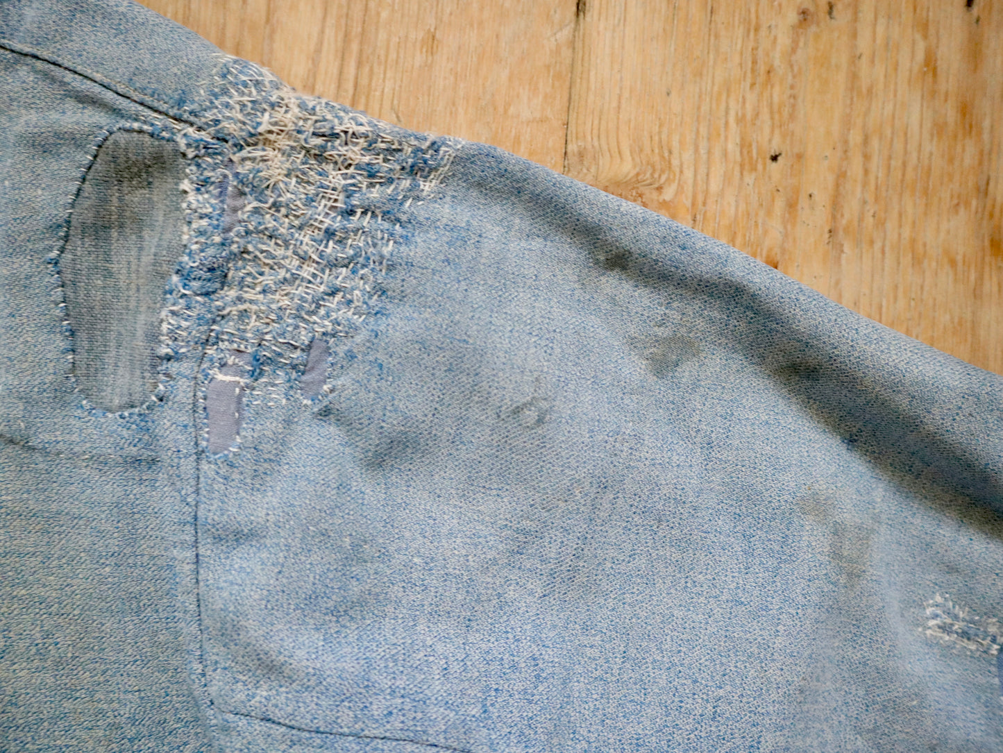 1930s - 40s French Blue Speckled Shirt Workwear Chore Darned Patched Repaired