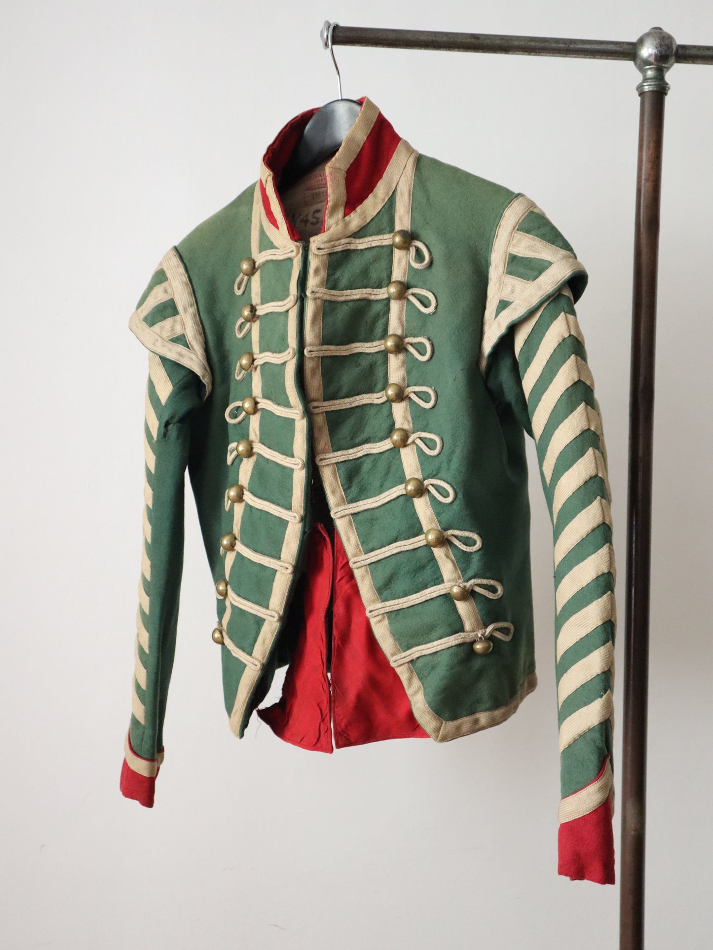 Antique French Theatre Costume Military Jacket Hussar Green Wool Chevron Sleeves