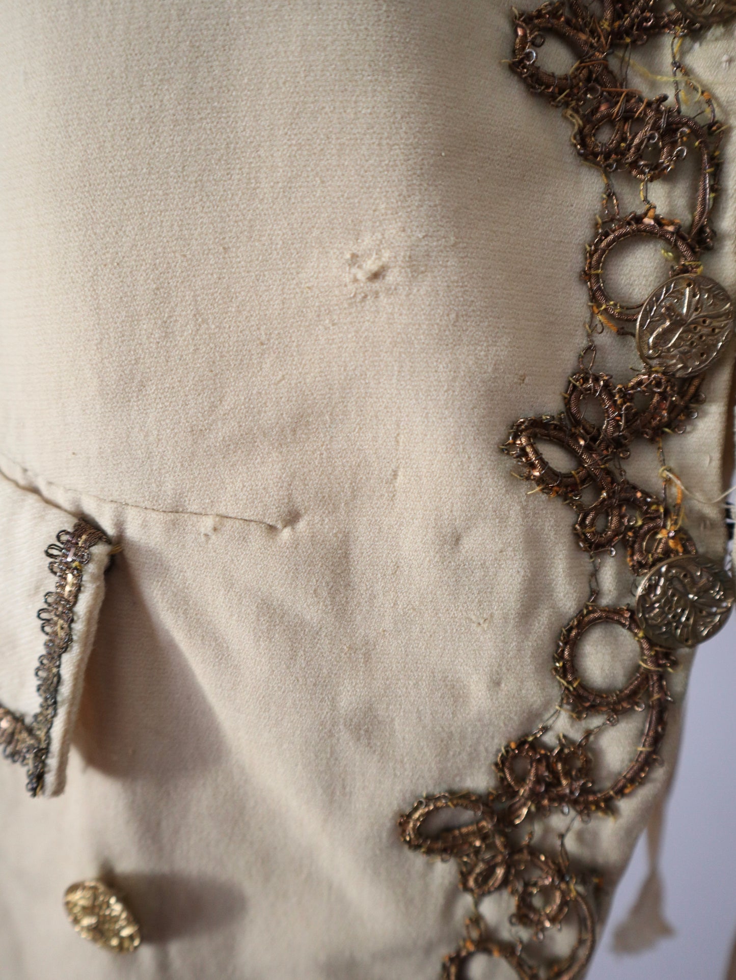 Antique French Opera Costume Vest Cream Wool Gold Metal Thread Brass Buttons 18th Century Style