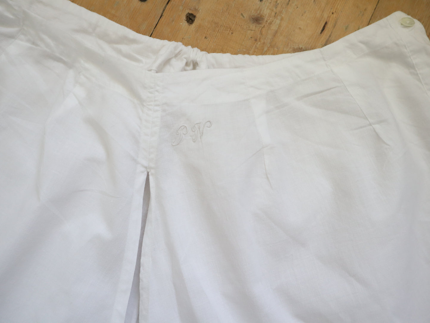 Antique French Bloomers white cotton embroidery early 1900s Folded Pleats Cut Work Lace P N Monogram