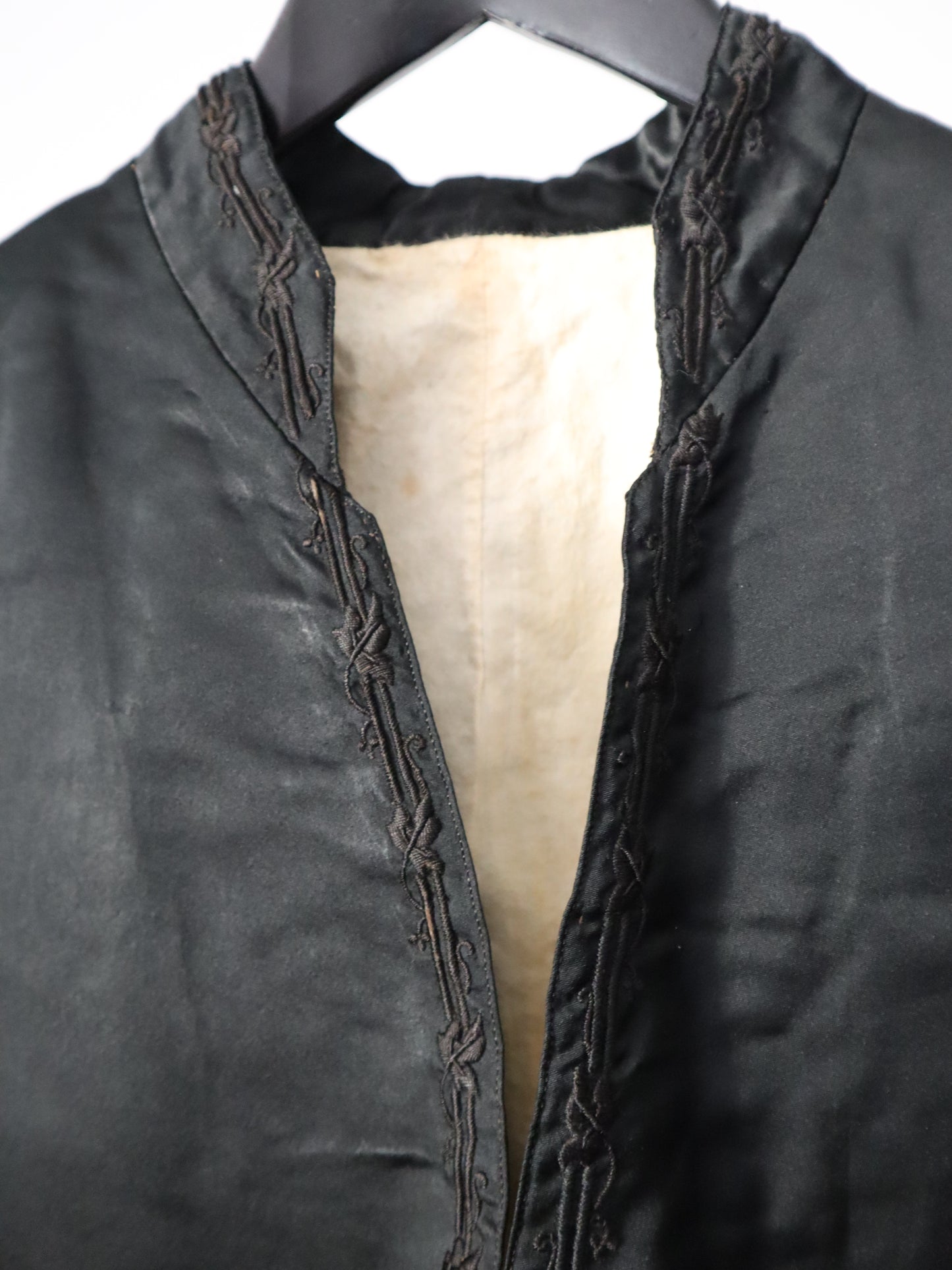 Antique 19th century French Black Silk Embroidered Vest Waistcoat Glazed Backing