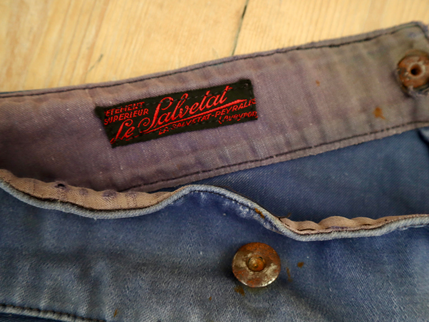 1940s - 50s French Le Salvetal Blue Moleskin Workwear Trousers Pants Repairs Darned High Waist