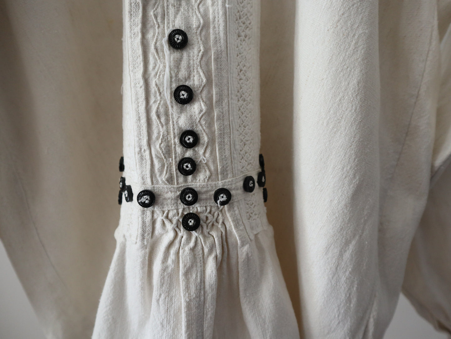 1930s Transylvanian Folk Blouse Shirt Black Glass Buttons Traditional Romanian Linen Eastern European